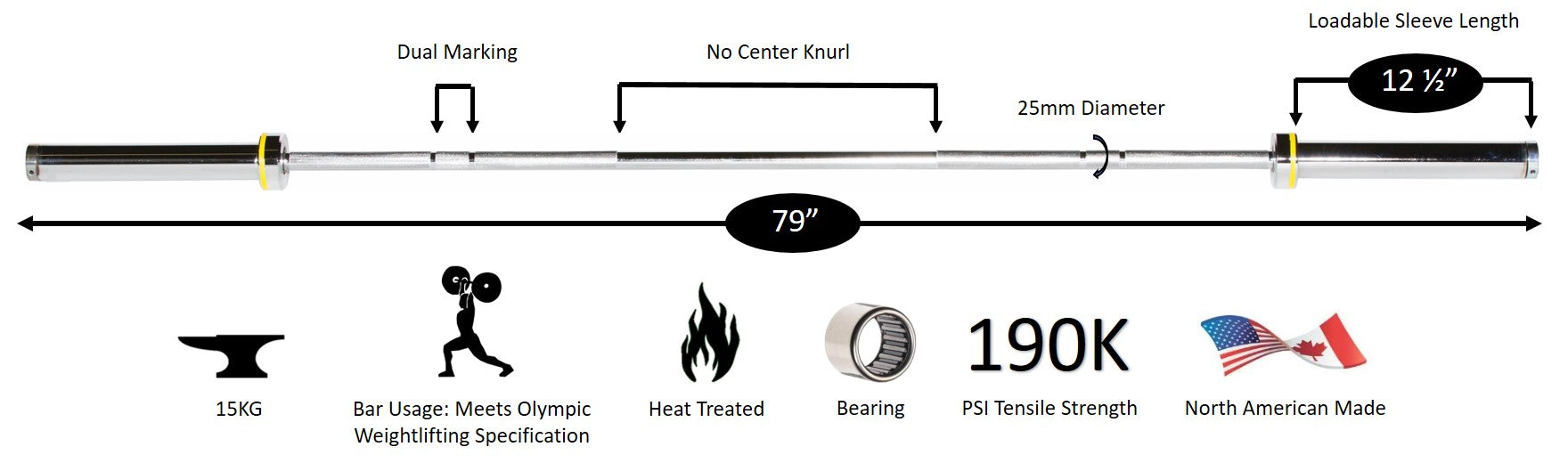 Women's 15 kg "Elite" Competition Olympic Bar - 25 mm, Needle-bearing, Satin Chrome