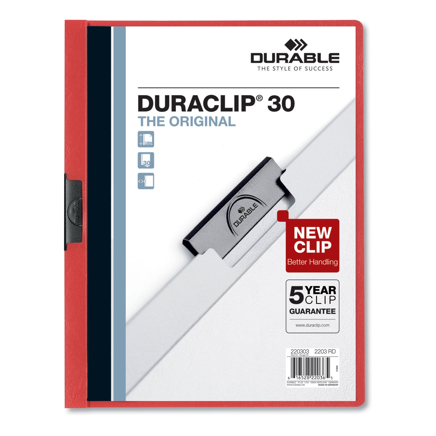 DURABLE DURACLIP Letter Report Cover - 8 1/2" x 11" - 30 Sheets Capacity - 1 Fastener(s) - Vinyl - Red - 25 / Box