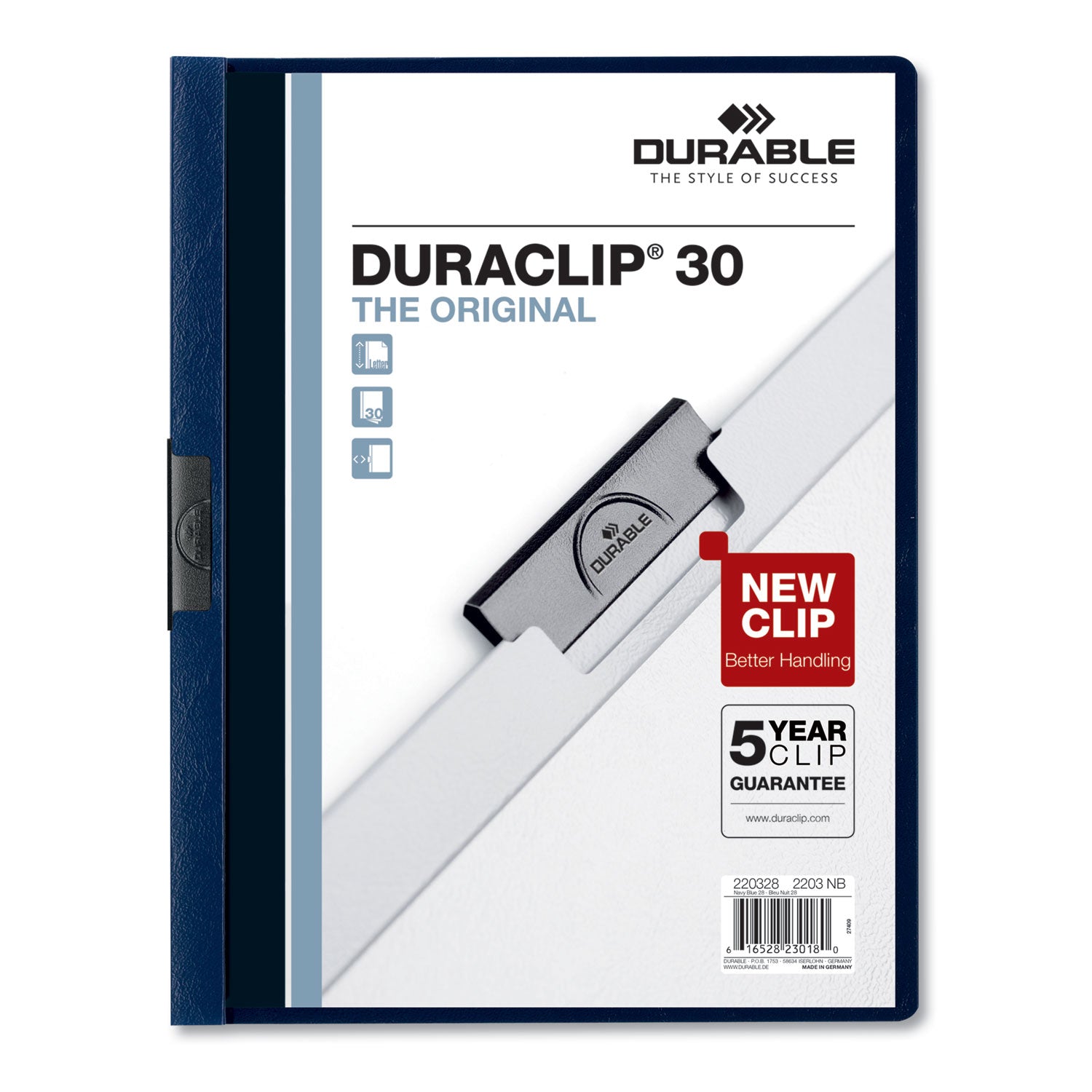 DURABLE DURACLIP Letter Report Cover - 8 1/2" x 11" - 30 Sheets Capacity - 1 Fastener(s) - Vinyl - Navy - 1 Each