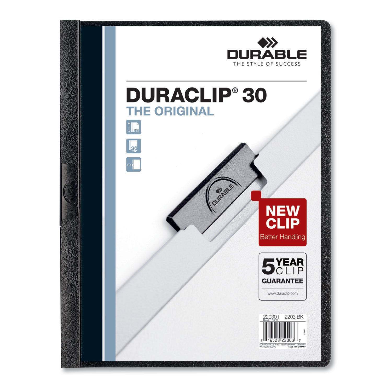 DURABLE DURACLIP Letter Report Cover - 8 1/2" x 11" - 30 Sheets Capacity - Vinyl, Steel - Black - 1 Each