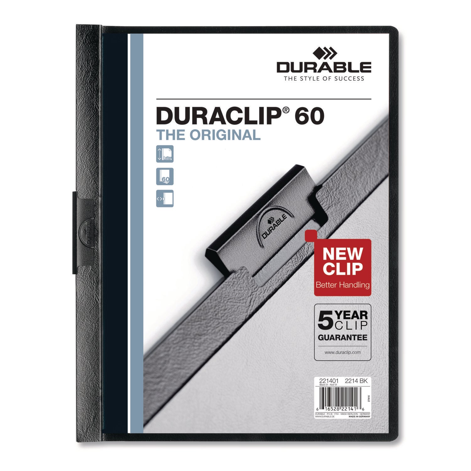 DURABLE DURACLIP Letter Report Cover - 8 1/2" x 11" - 60 Sheets Capacity - Vinyl, Steel - Black - 1 Each