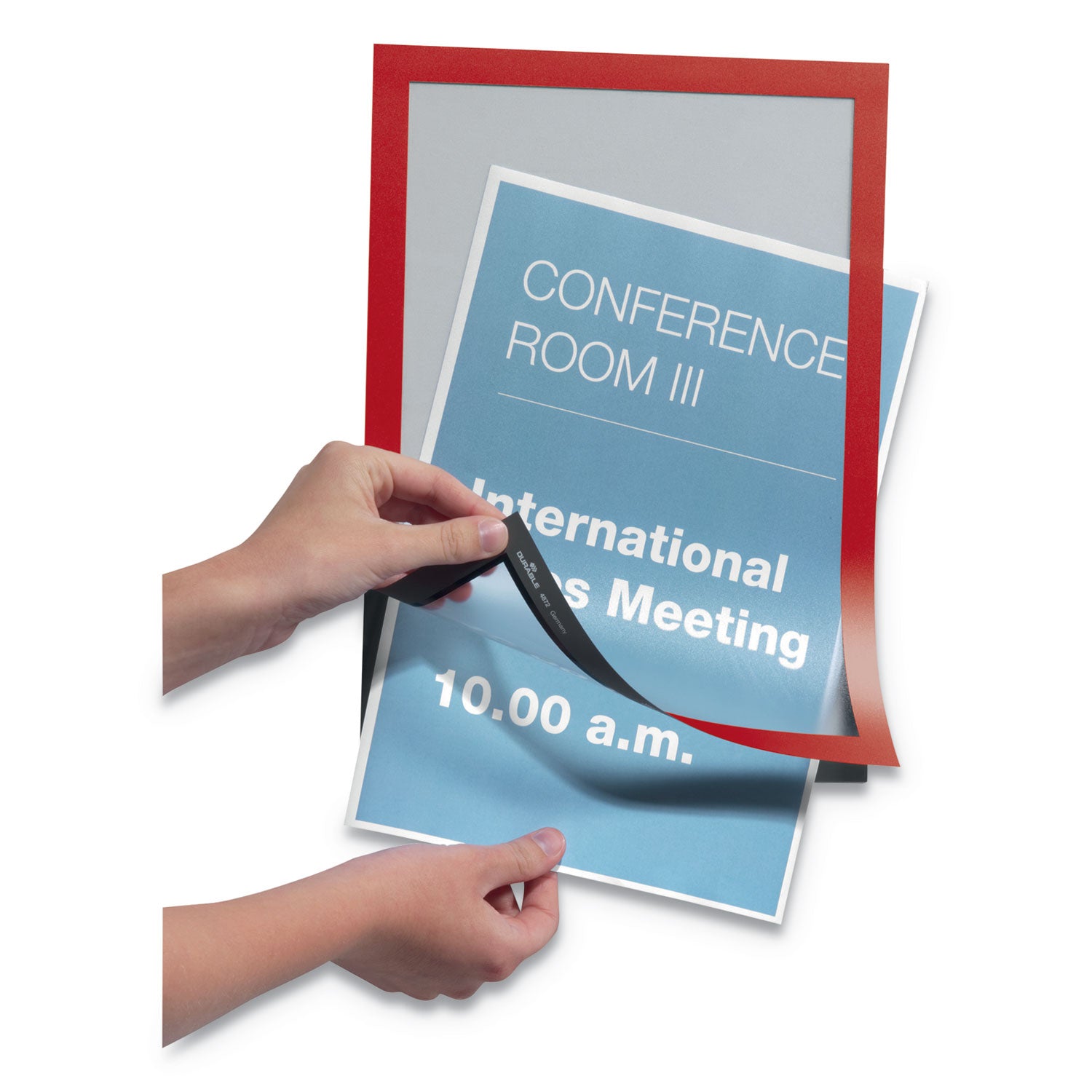 DURABLE Duraframe Magnetic Self-adhesive Frame, 8.5" x 11", Rectangle, Dual-sided, Magnetic, Self-adhesive, Red, 1 Each