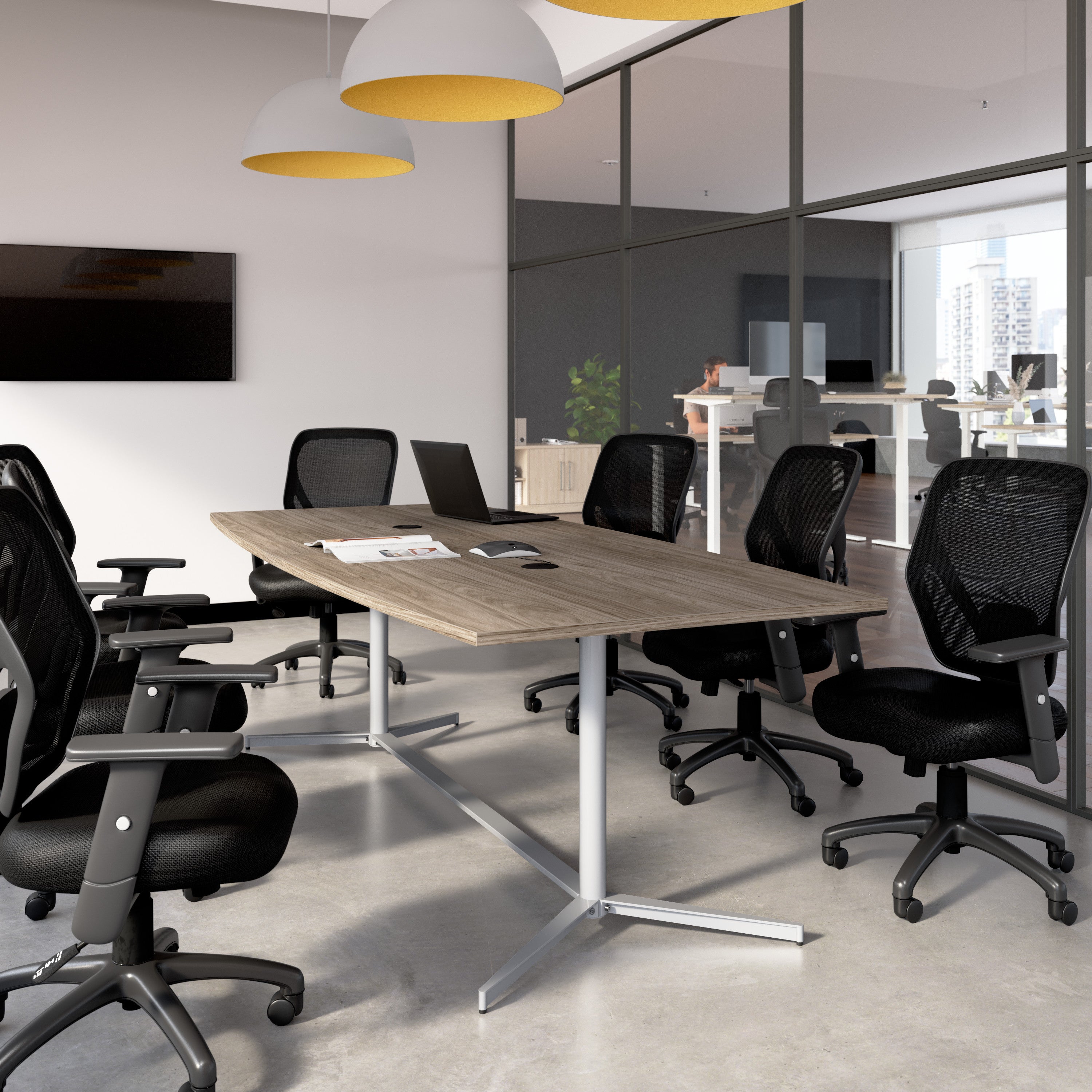 Bush Business Furniture 96-inch Office Conference Table with Metal Base in Modern Hickory - 95.19" Width x 42.00" Depth x 28.65" Height