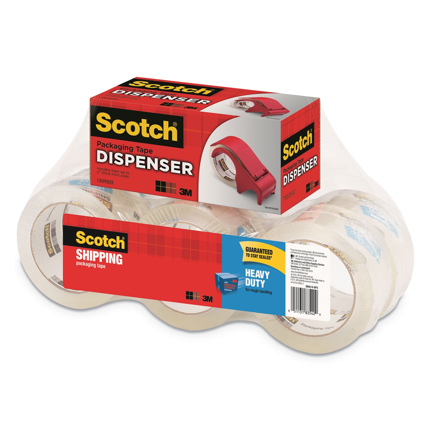 Scotch Heavy-Duty Shipping/Packaging Tape, 1.88" x 54.60 yd, 3.1 mil Thick, 3" Core, Clear, Synthetic Rubber Resin, Dispenser Included, 1 Pack