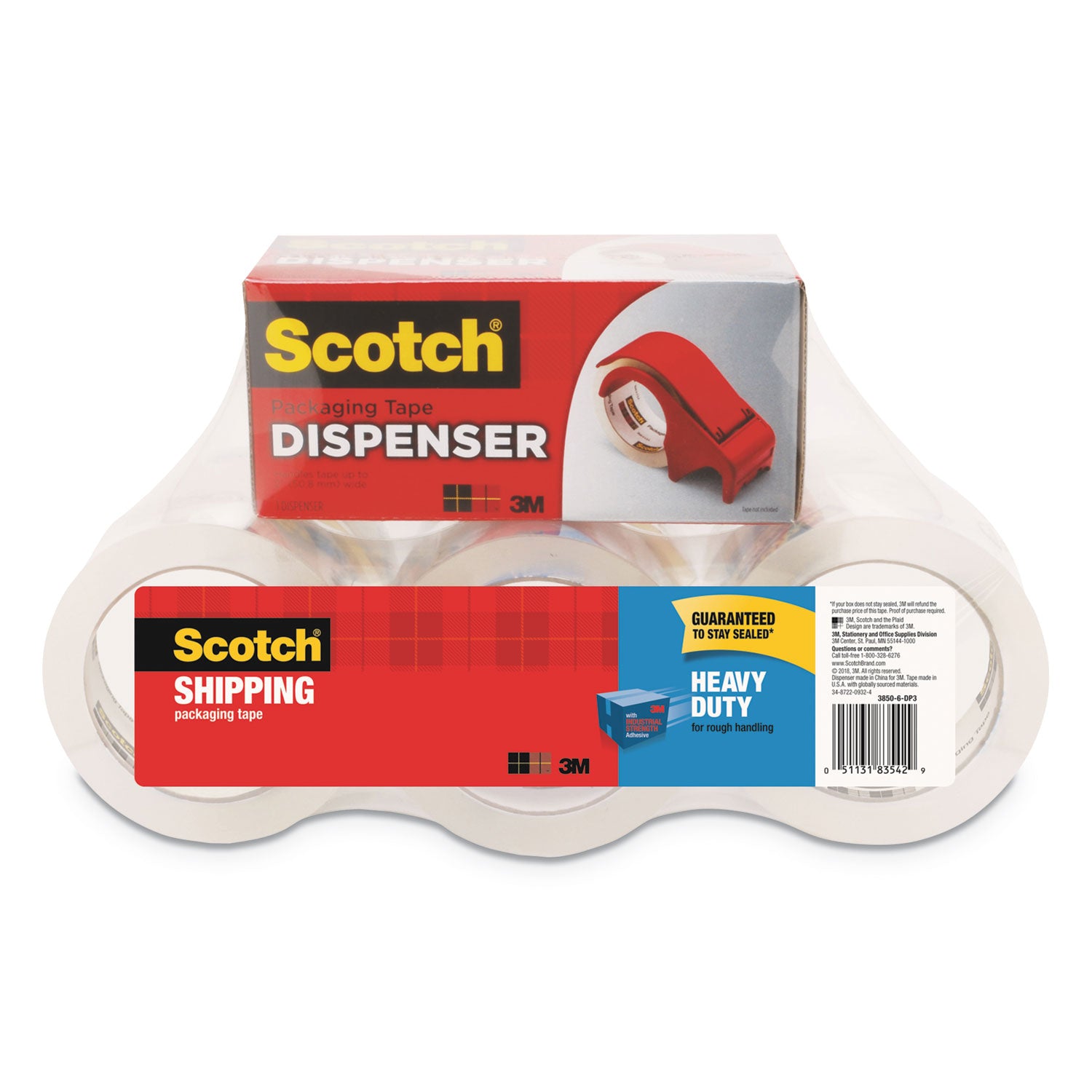 Scotch Heavy-Duty Shipping/Packaging Tape, 1.88" x 54.60 yd, 3.1 mil Thick, 3" Core, Clear, Synthetic Rubber Resin, Dispenser Included, 1 Pack