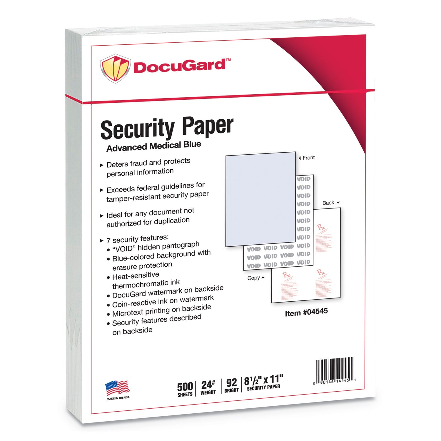 DocuGard Advanced Medical Security Paper - Letter - 8 1/2" x 11" - 24 lb Basis Weight - Tamper Resistant, Watermarked, CMS Approved - Blue - 500 / Ream