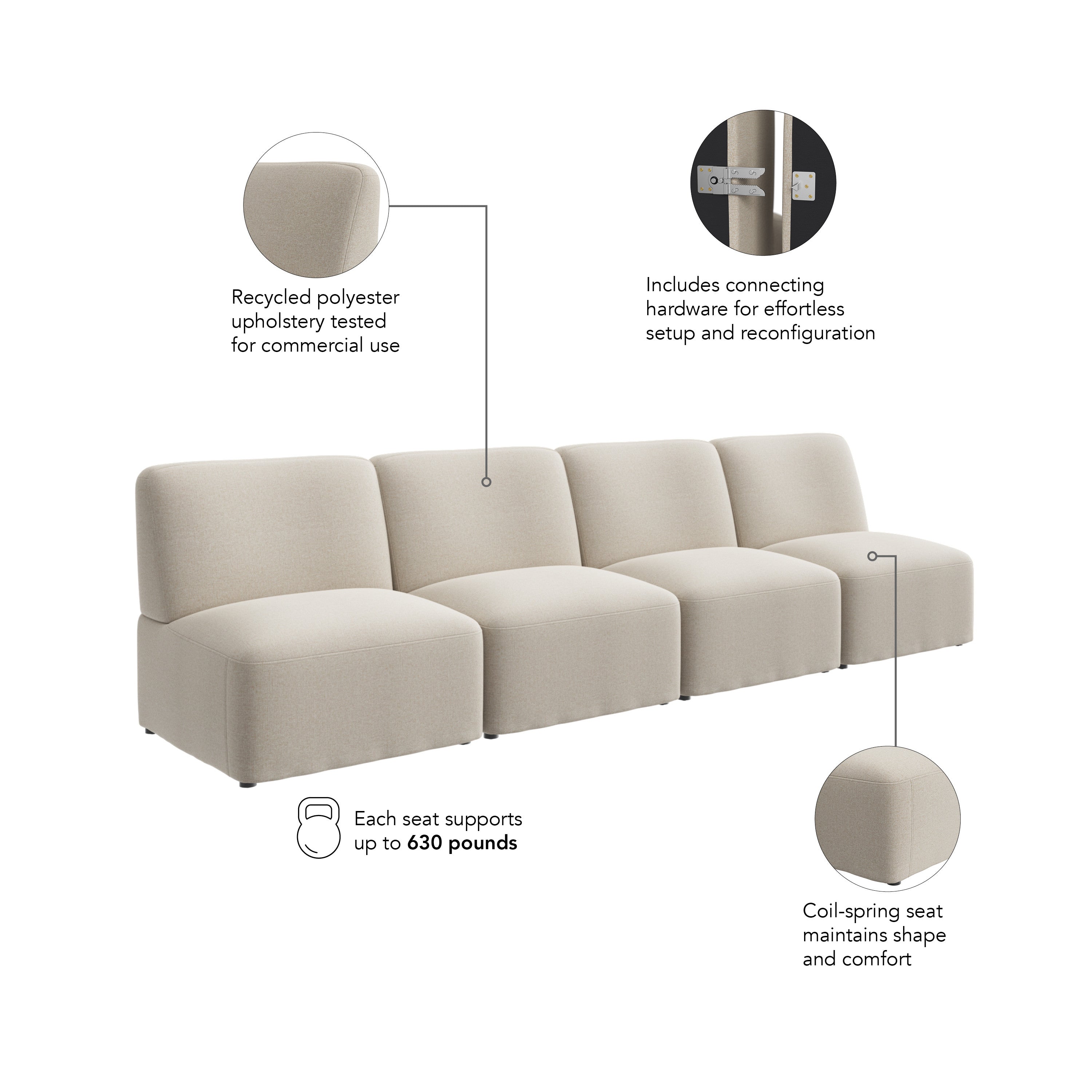 Bush Business Furniture Assemble Modular 4 Seater Sectional Lounge Sofa in Oat Fabric - 119.68" Width x 30.51" Depth x 29.92" Height