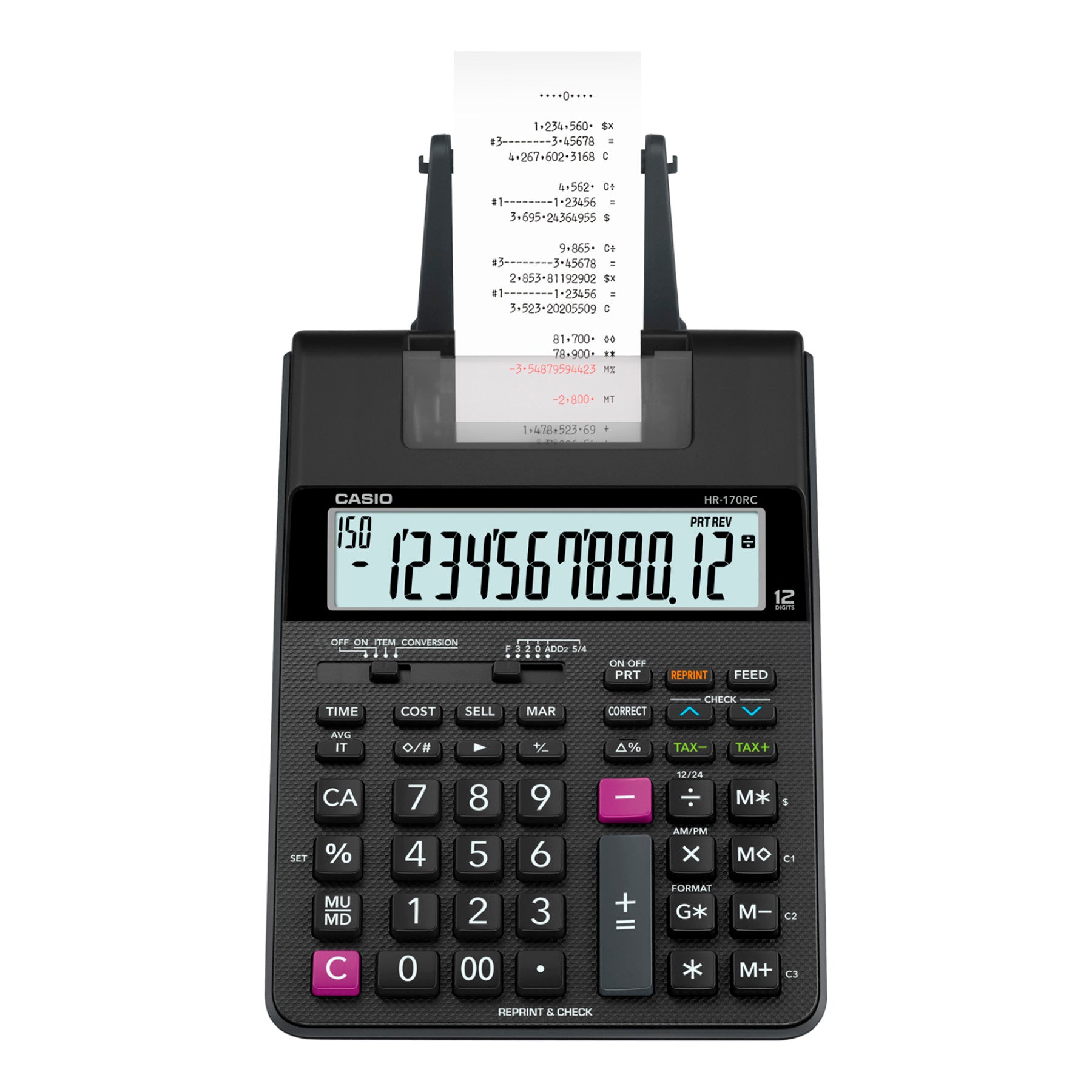 Dual Power, Two-color Printing, Easy-to-read Display, Sign Change, Compact - 12 Digits - LCD - AC Supply/Battery Powered - 4 x AA - 2.6" Height x 6.5" Width x 11.6" Length - Black - Portable - 1 Each