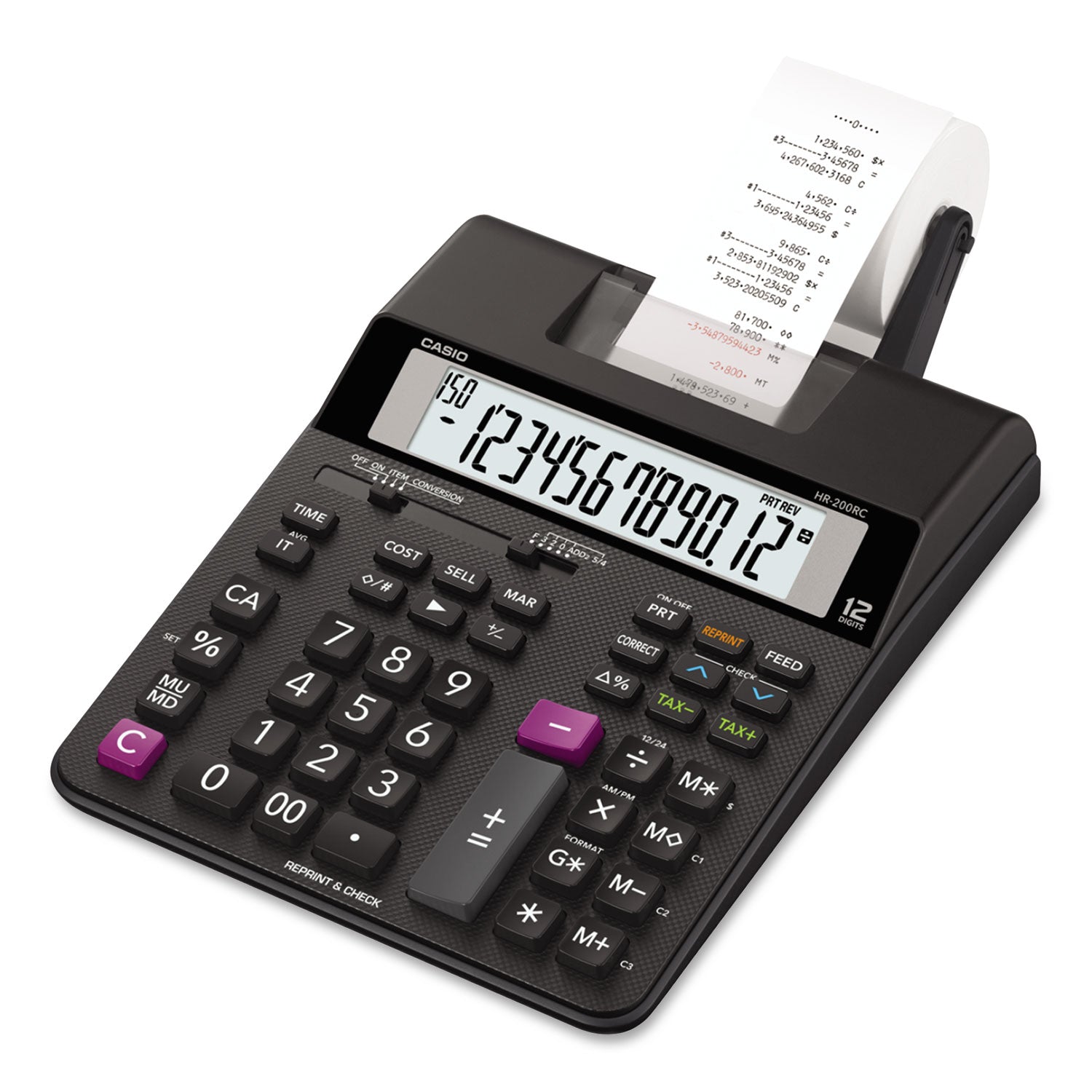 Dual Color Print - Black/Red Print - 2 lps - Two-color Printing, Large Display, Dual Power - 12 Digits - AC Adapter Powered - 4 x AA - 2.6" Height x 7.7" Width x 12.3" Depth - Black - Desktop - 1 Each