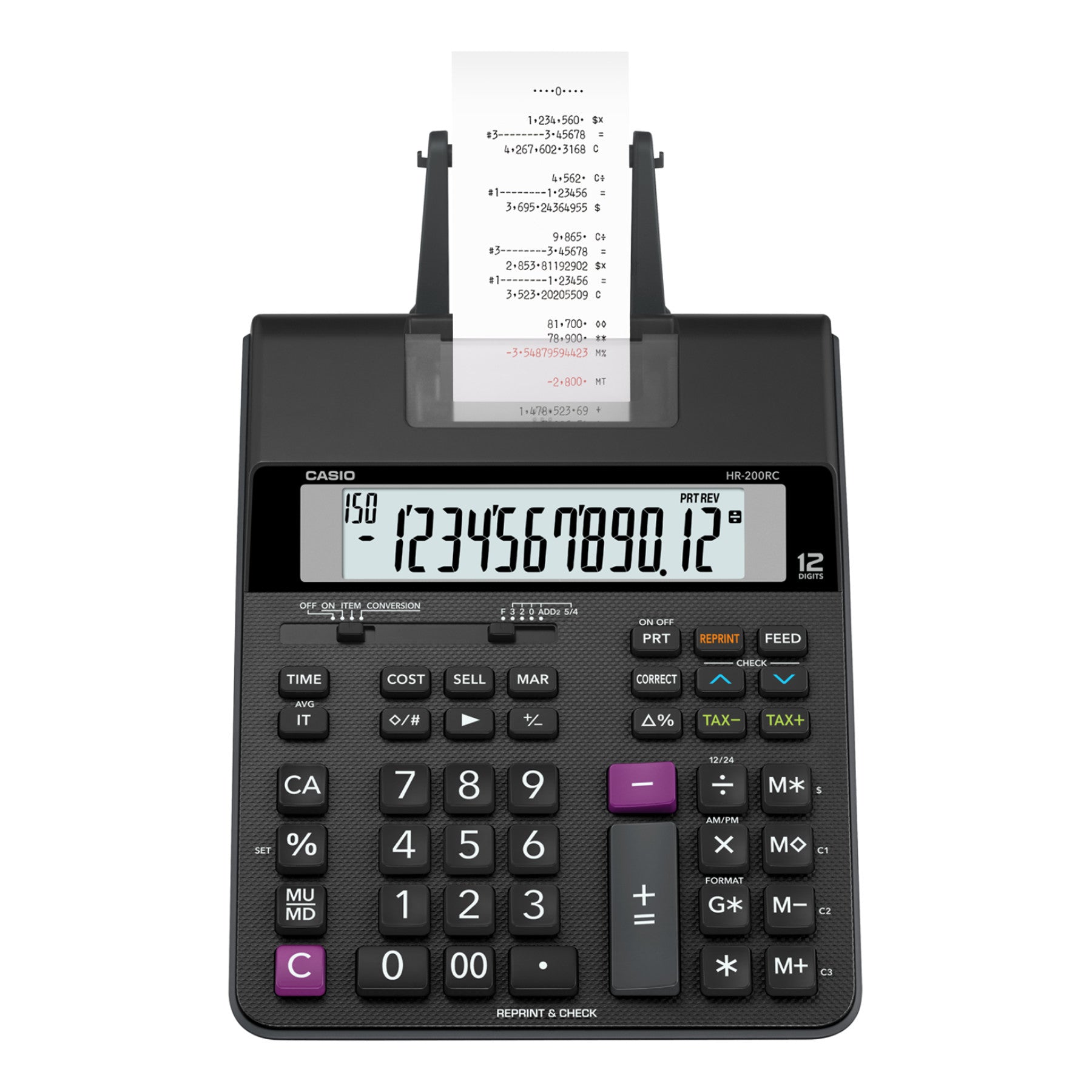Dual Color Print - Black/Red Print - 2 lps - Two-color Printing, Large Display, Dual Power - 12 Digits - AC Adapter Powered - 4 x AA - 2.6" Height x 7.7" Width x 12.3" Depth - Black - Desktop - 1 Each
