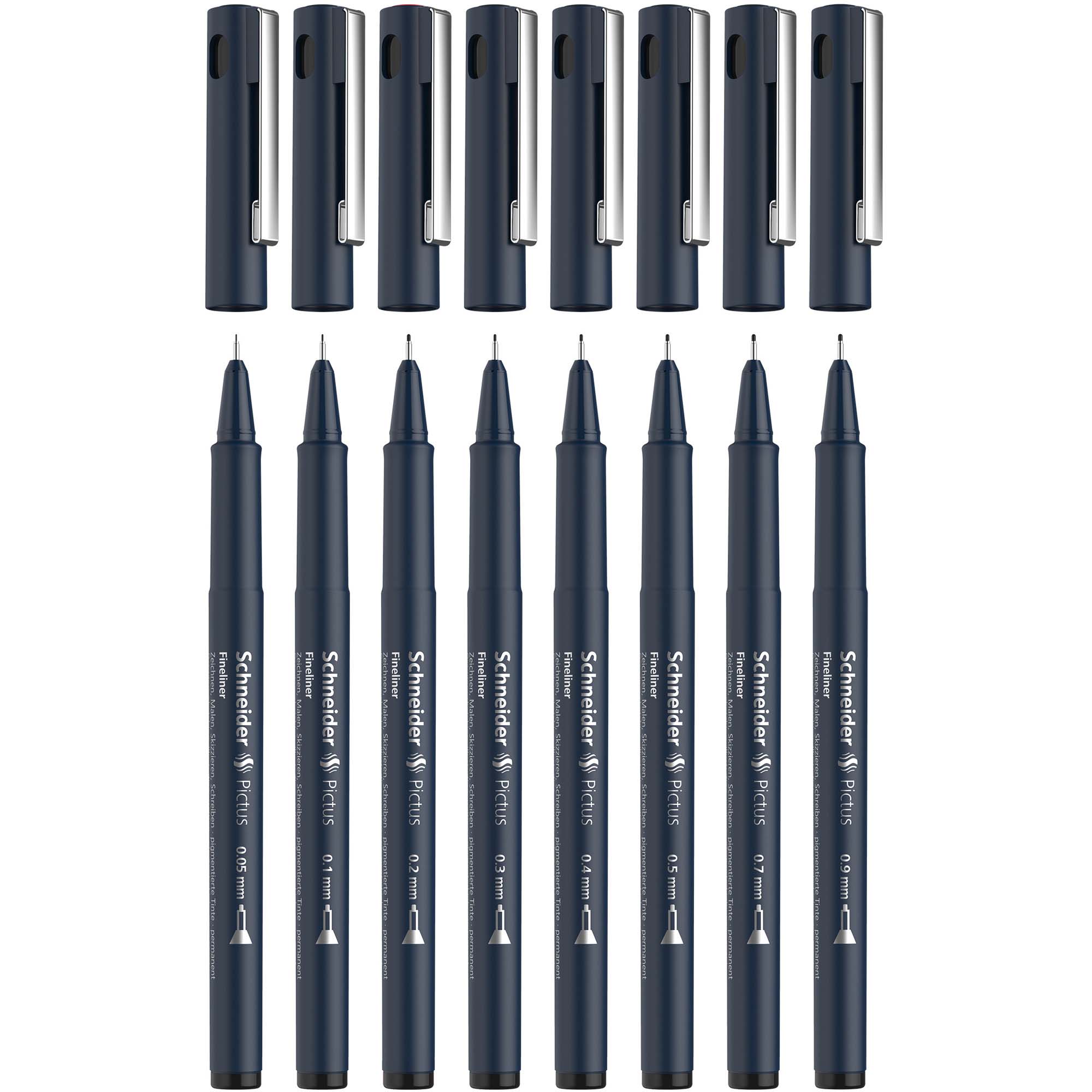 Pictus Fineliners, Wallet, 8 Pieces, Black Ink, Assorted Sizes