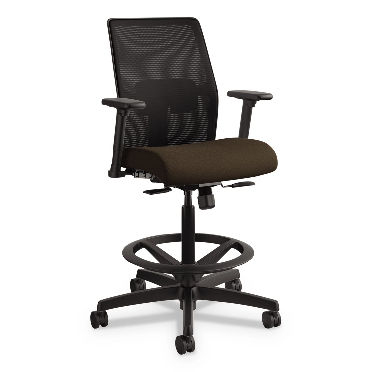 HON Ignition 2.0 Sitting Stool, Espresso Fabric Seat, Black Mesh Low Back, Adjustable Arms, 360° Swivel, 1 Each
