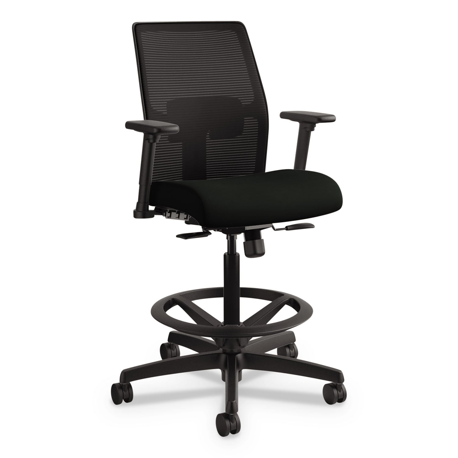 HON Ignition 2.0 Sitting Stool, Low Back, Mesh Back, Vinyl Seat, Adjustable Arms, Black, 1 Each