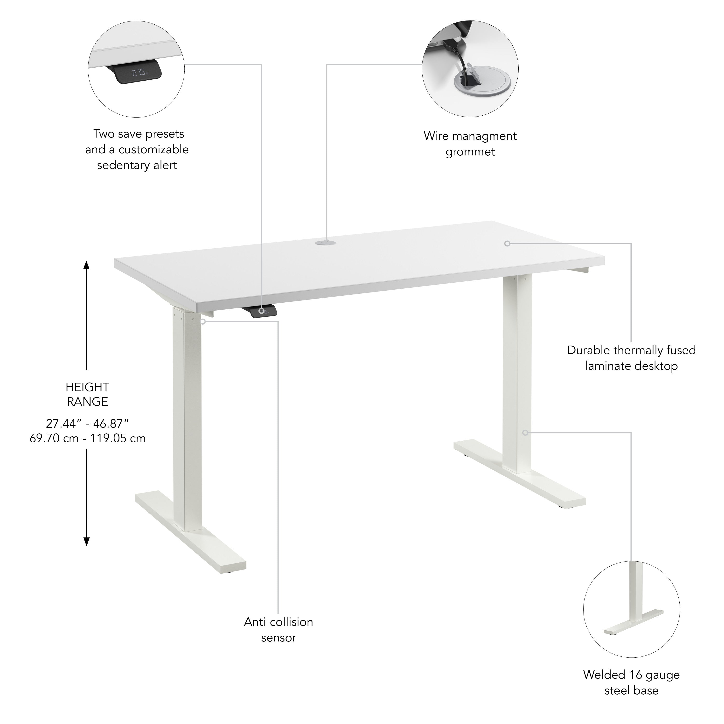 Bush Business Furniture Move 60 Series 48W x 24D Electric Height Adjustable Standing Desk in White with White Base - 47.6" Width x 23.62" Depth x 27.44" Height