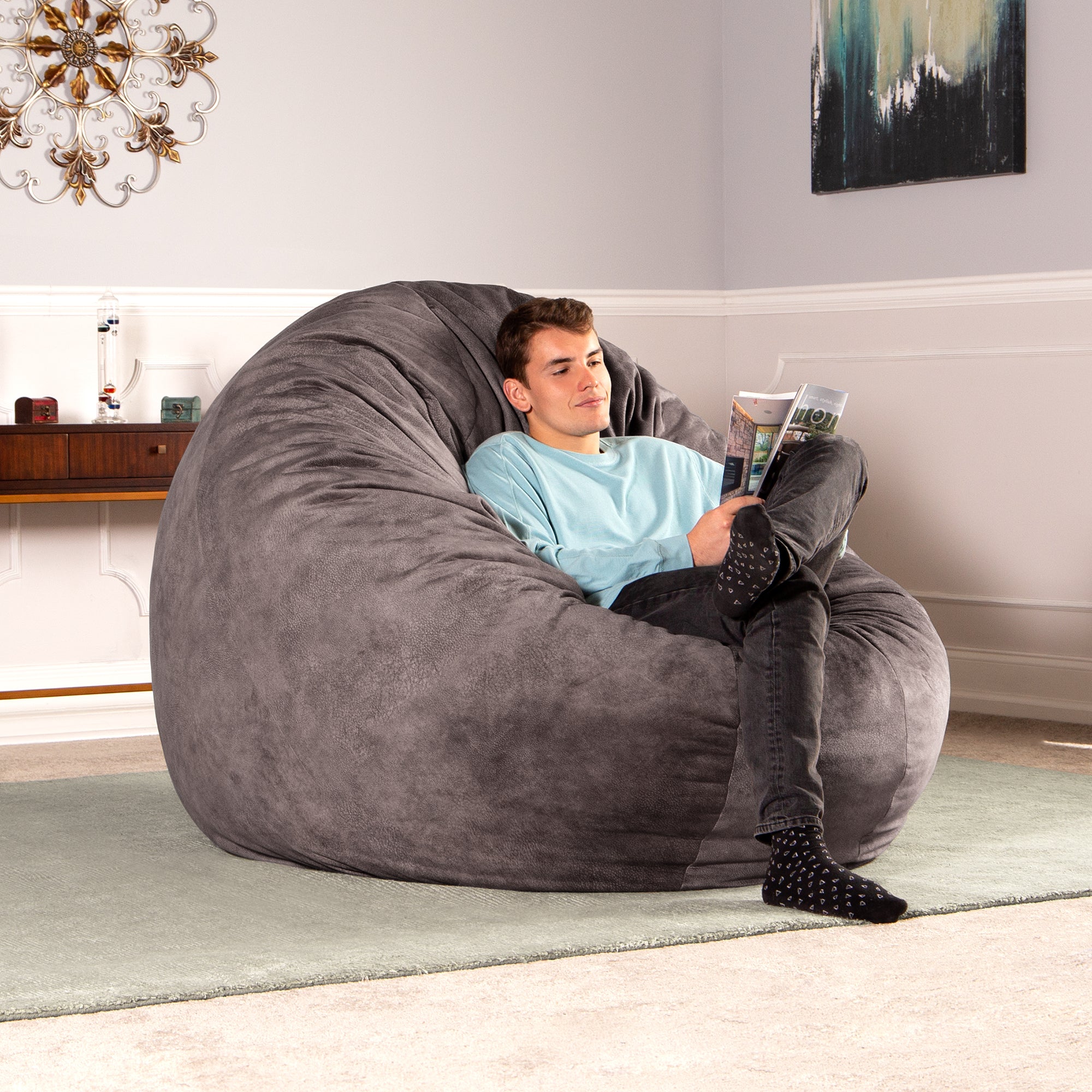 Jaxx 6 Foot Cocoon - 2-in-1 Convertible Bean Bag Bed & Large Bean Bag Chair for Adults - Padded Microvelvet, Pewter