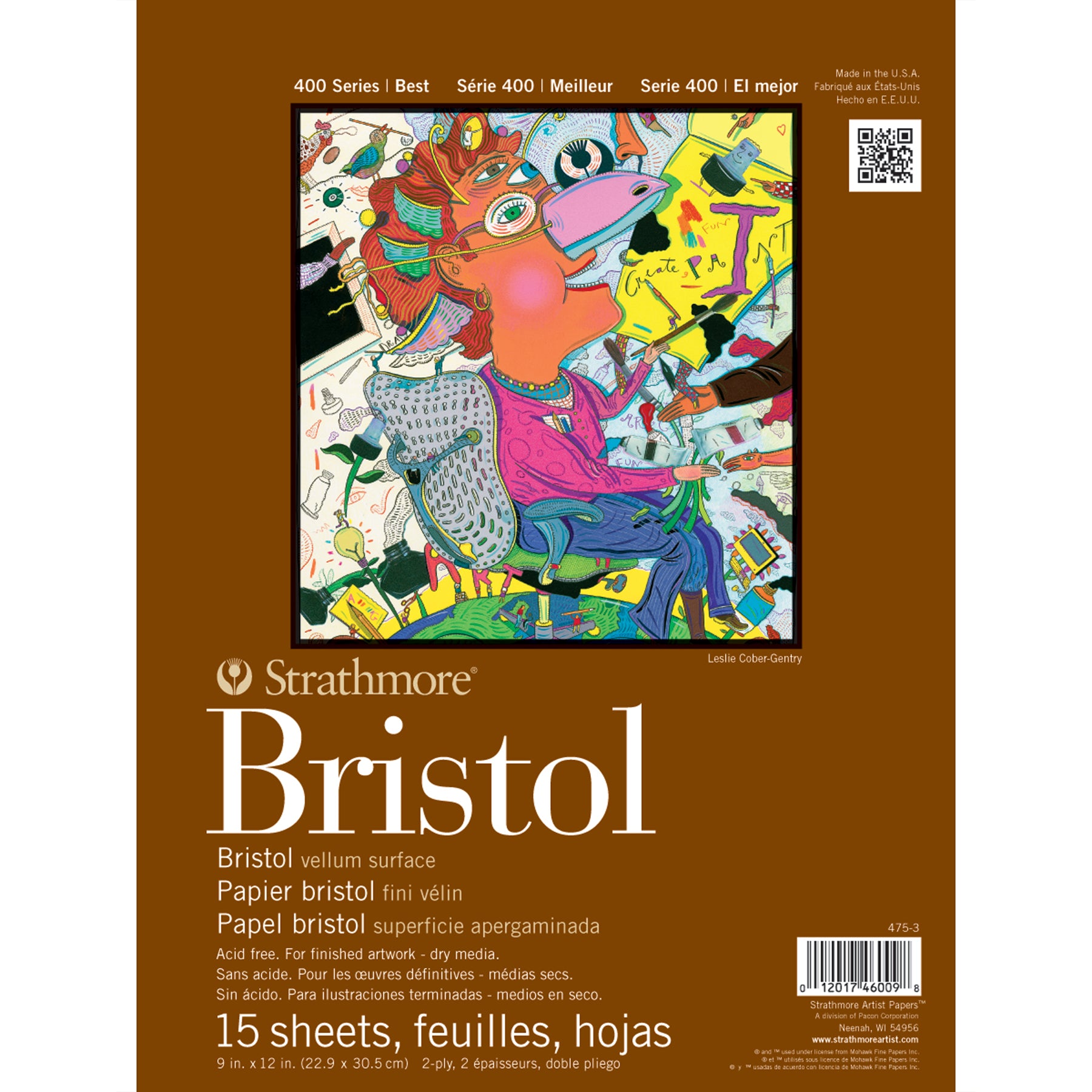 400 Series Bristol Paper Pad, Vellum Finish, 2-Ply, Tape Binding, 15 Sheet, 9x12 inch, 1 Count
