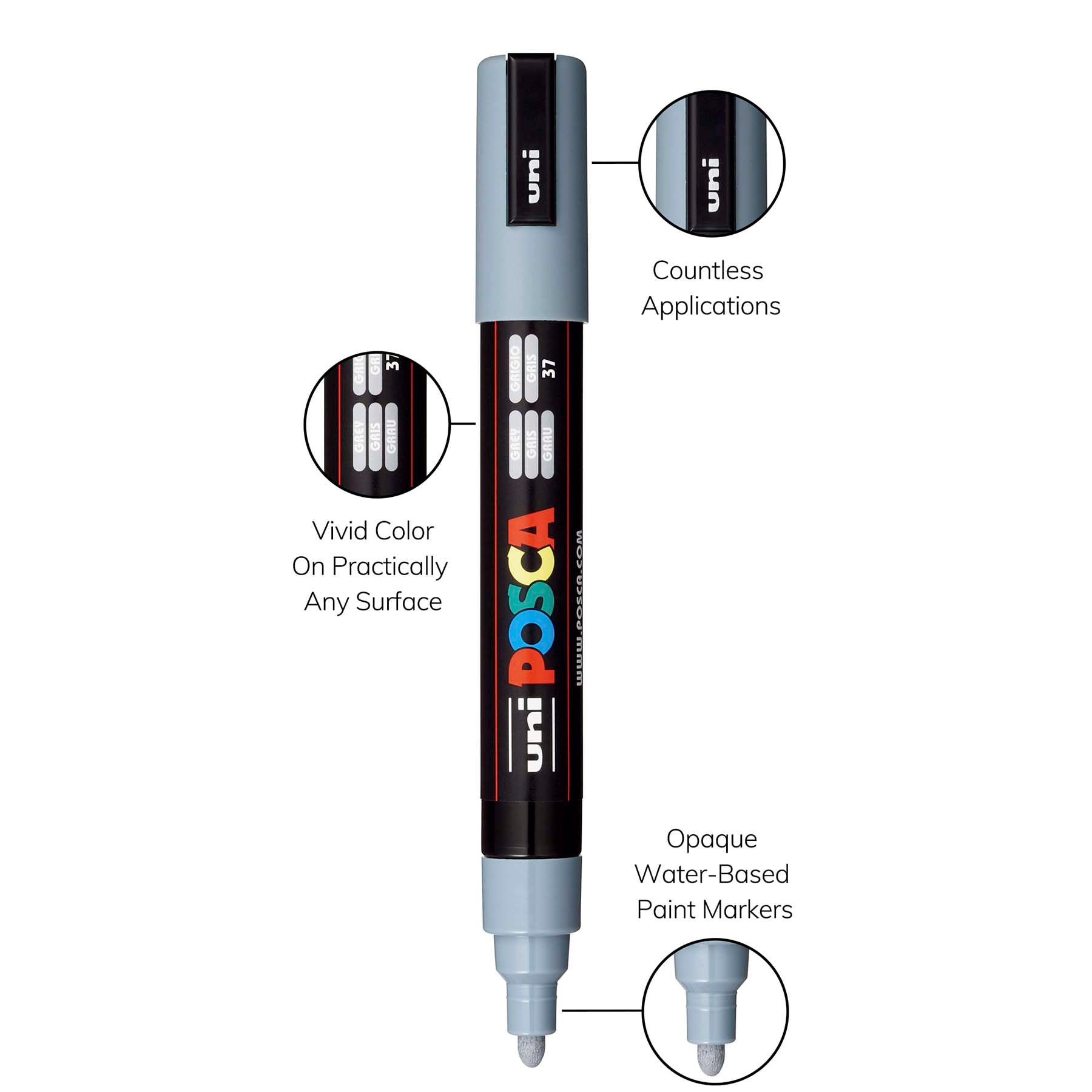 uni® POSCA PC-5M Water-Based Paint Markers, Reversible Medium Tip (1.8-2.5mm), Grey