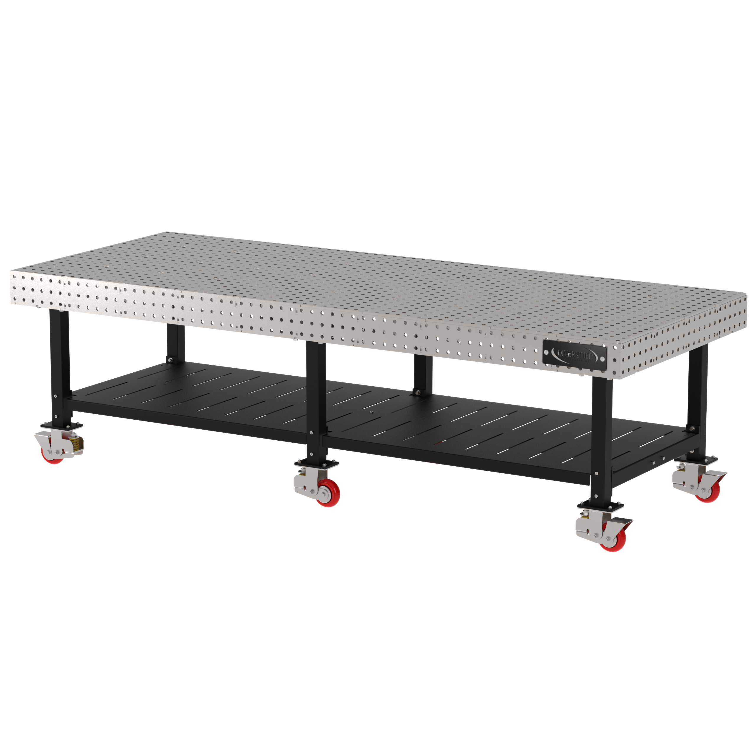 Welding Fixture Table, Fixed Height, 36"H x 120"L x 48"D, 1/4" Carbon Steel Top, Six Black Powdercoat Legs, Shelf, 6 Heavy Duty Suspension Casters (4 Locking/Swiveling Casters and 2 Non-Locking/Non-SwivelingCasters)