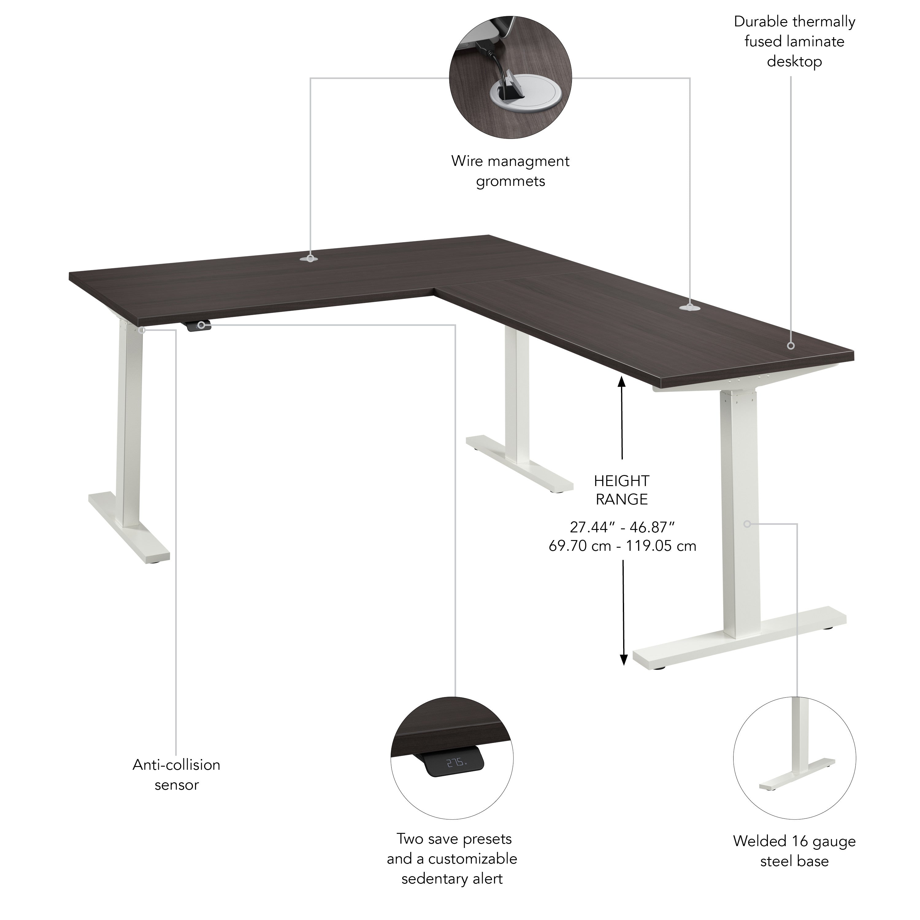 Bush Business Furniture Move 60 Series 60W Height Adjustable L Shaped Standing Desk in Storm Gray with White Base - 59.45" Width x 76.97" Depth x 27.44" Height