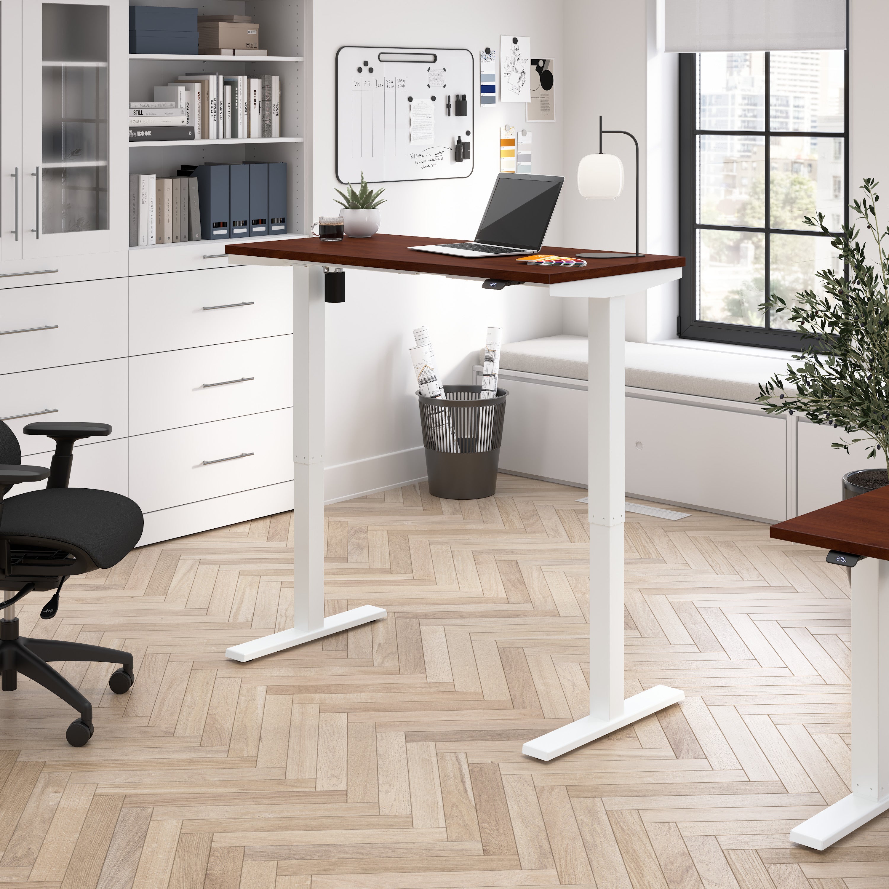 Bush Business Furniture Move 40 Series 48W x 24D Electric Height Adjustable Standing Desk in Hansen Cherry with White Base - 47.6" Width x 23.35" Depth x 28.17" Height
