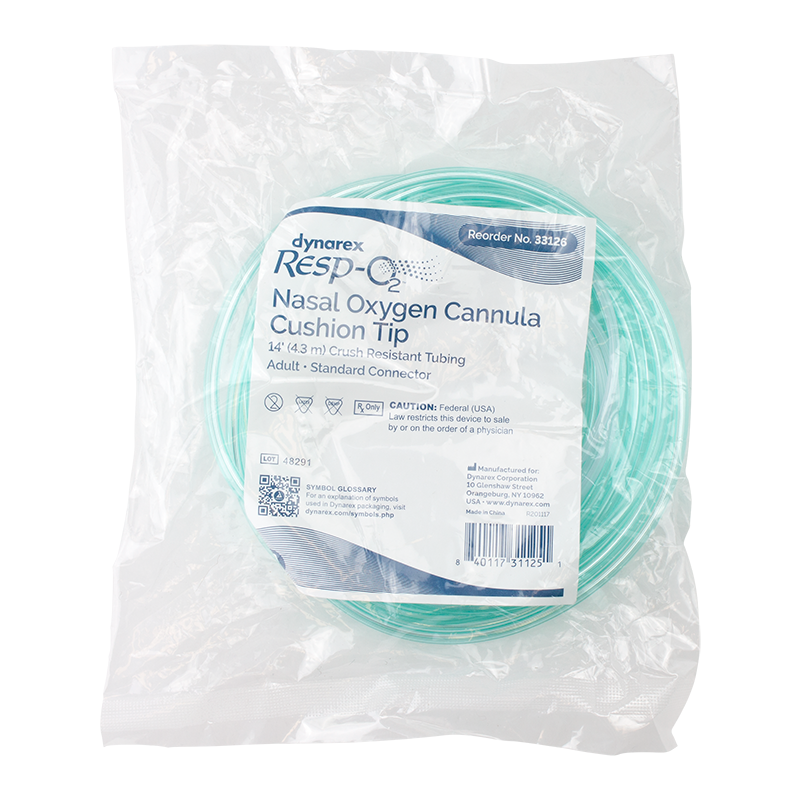 Nasal Oxygen Cannula Cushion Tip with 14' (4.3m) Crush Resistance Tubing (Green), Standard Connector, Adult, 50 Quantity per Case
