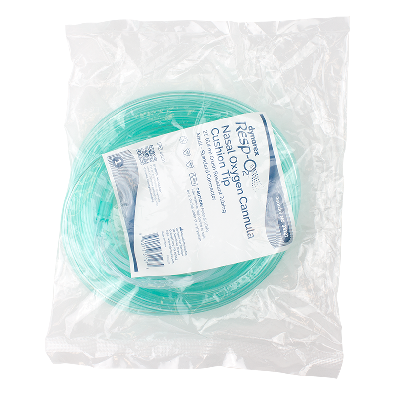 Nasal Oxygen Cannula Cushion Tip with 21' (6.4m) Crush Resistance Tubing (Green), Standard Connector, Adult, 25 Quantity per Case