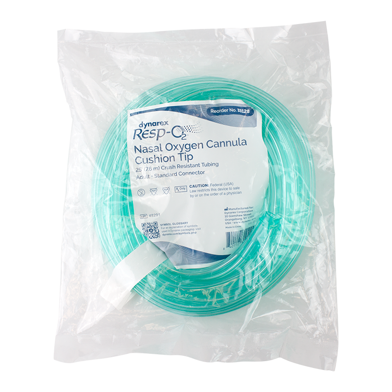 Nasal Oxygen Cannula Cushion Tip with 25' (7.6m) Crush Resistance Tubing (Green), Standard Connector, Adult, 25 Quantity per Case