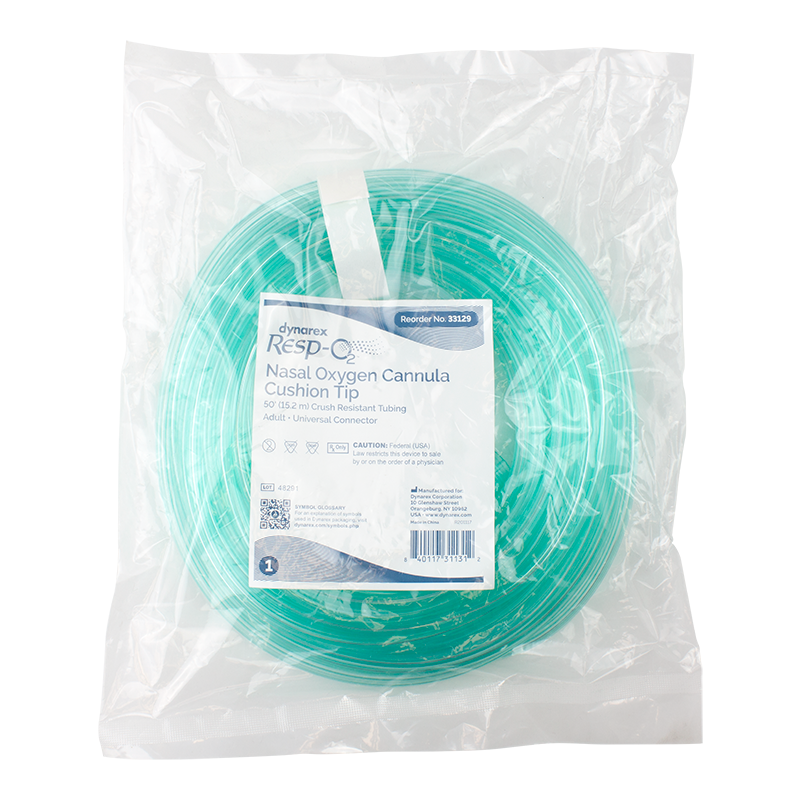 Nasal Oxygen Cannula Cushion Tip with 50' (15.24m) Crush Resistant Tubing (Green), Universal Connector, Adult, 15 Quantity per Case