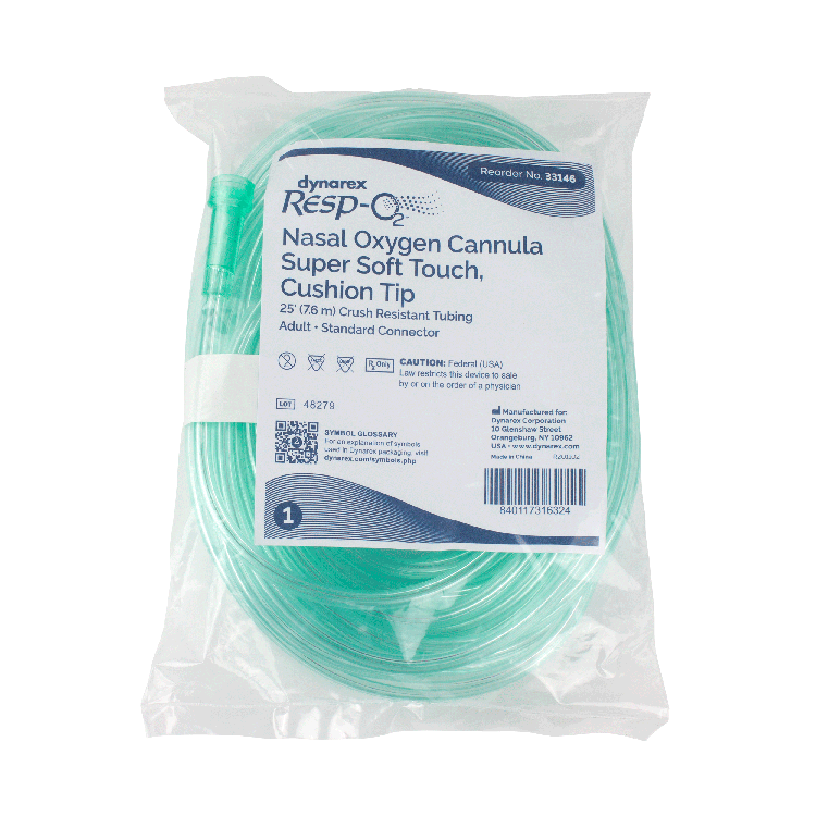 Nasal Oxygen Cannula Super Soft-Touch Cushion Tip with 25' (7.6m) Crush Resistance Tubing, Standard Connector, Adult, 25 Quantity per Case