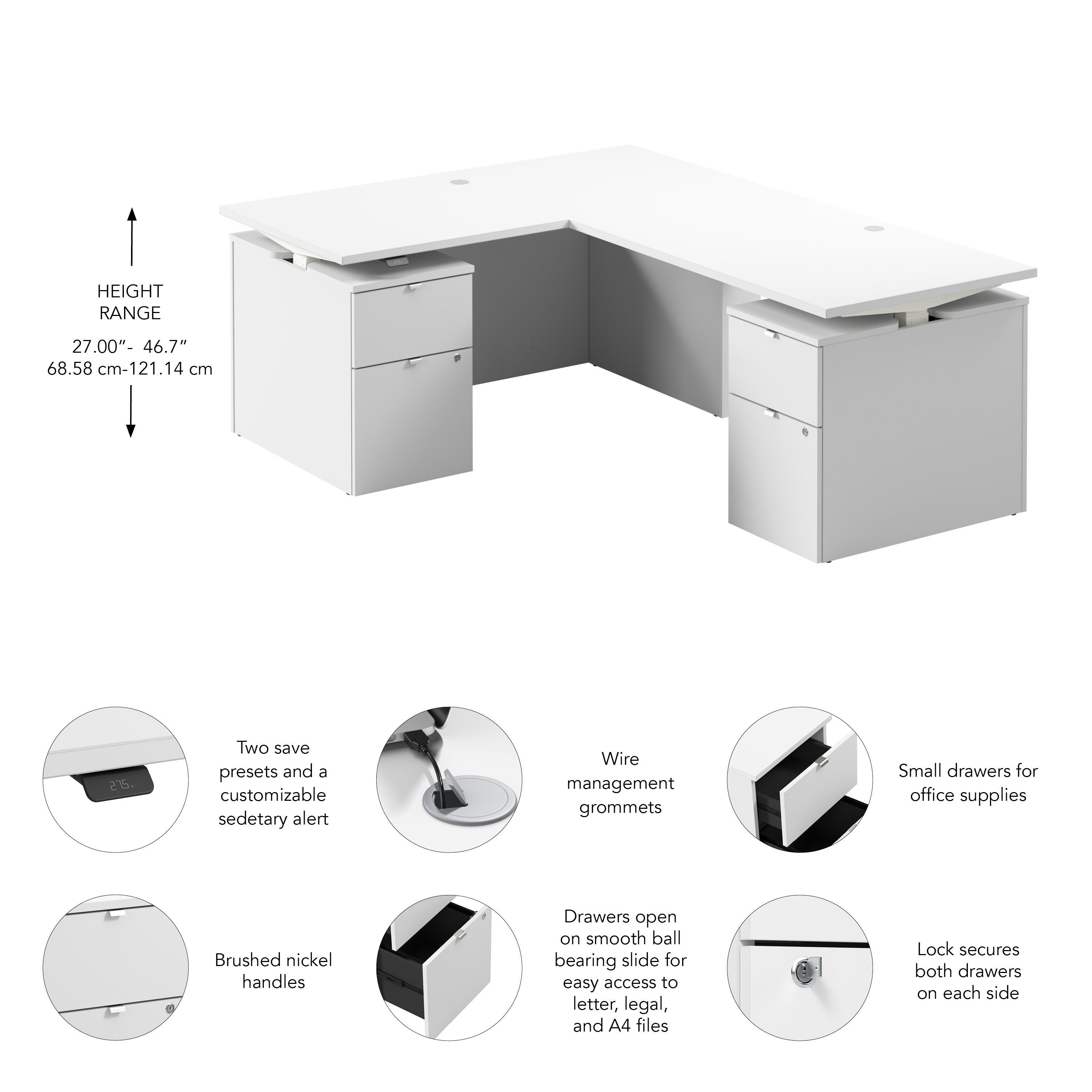 Bush Business Furniture Stratus&nbsp;60W x&nbsp;78D Height Adjustable L Shaped Standing Desk with Drawers in White with White Base - 59.45" Width x 76.97" Depth x 27.44" Height