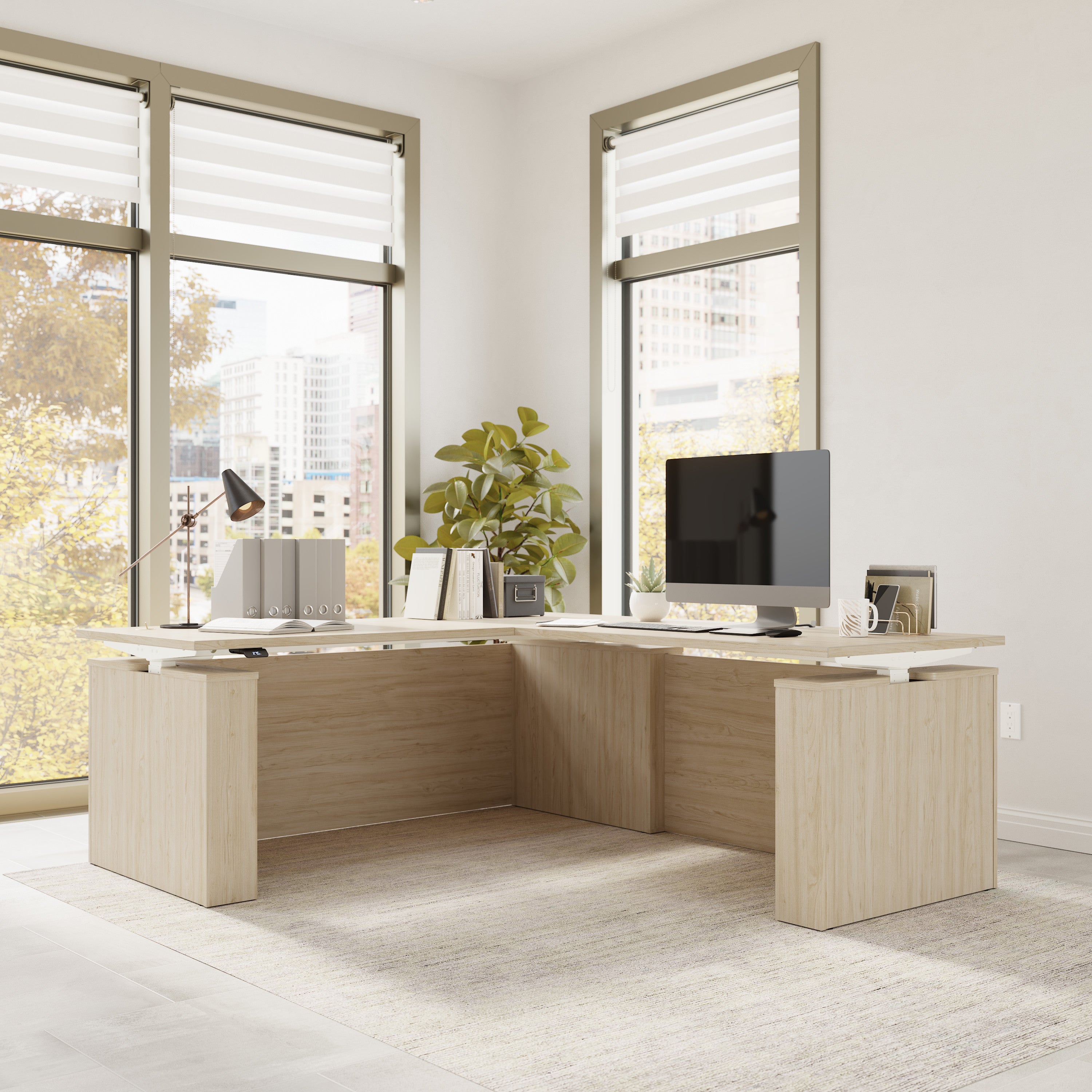 Bush Business Furniture Stratus&nbsp;72W x&nbsp;78D Electric Height Adjustable L Shaped Standing Desk in Natural Elm with White Base - 71.02" Width x 76.97" Depth x 27.44" Height