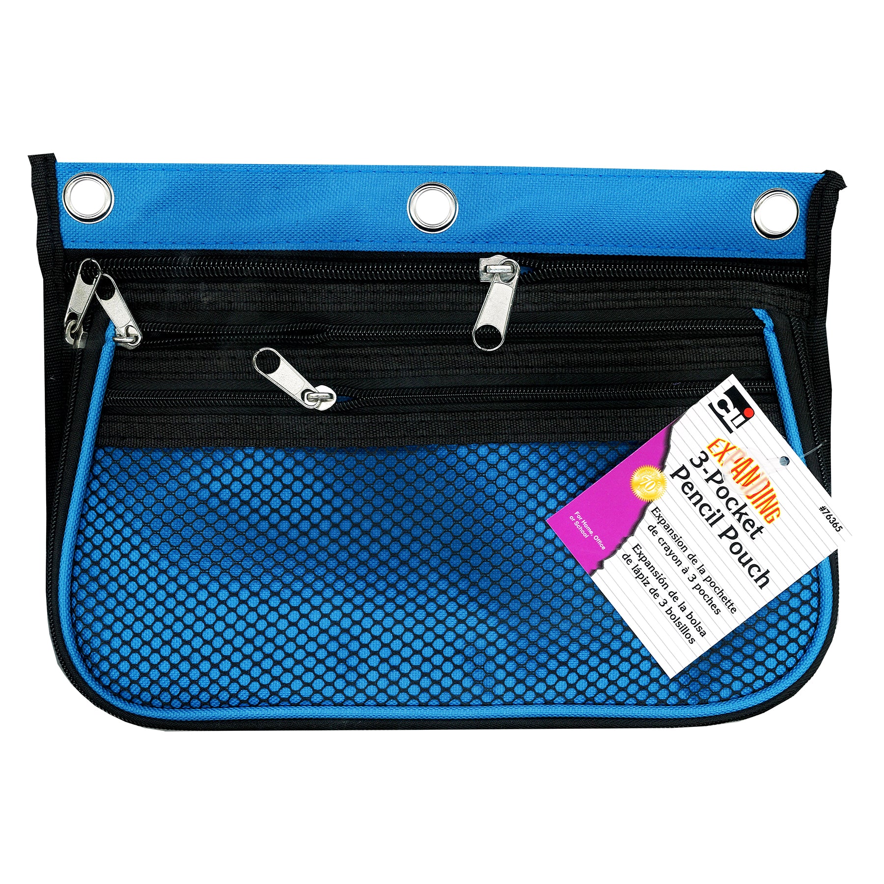 3 Pocket Pencil Pouch, Expanding to 2.25", 10.25"W x 7.25"H x 2.5"D - Assorted Colors, Pack of 3