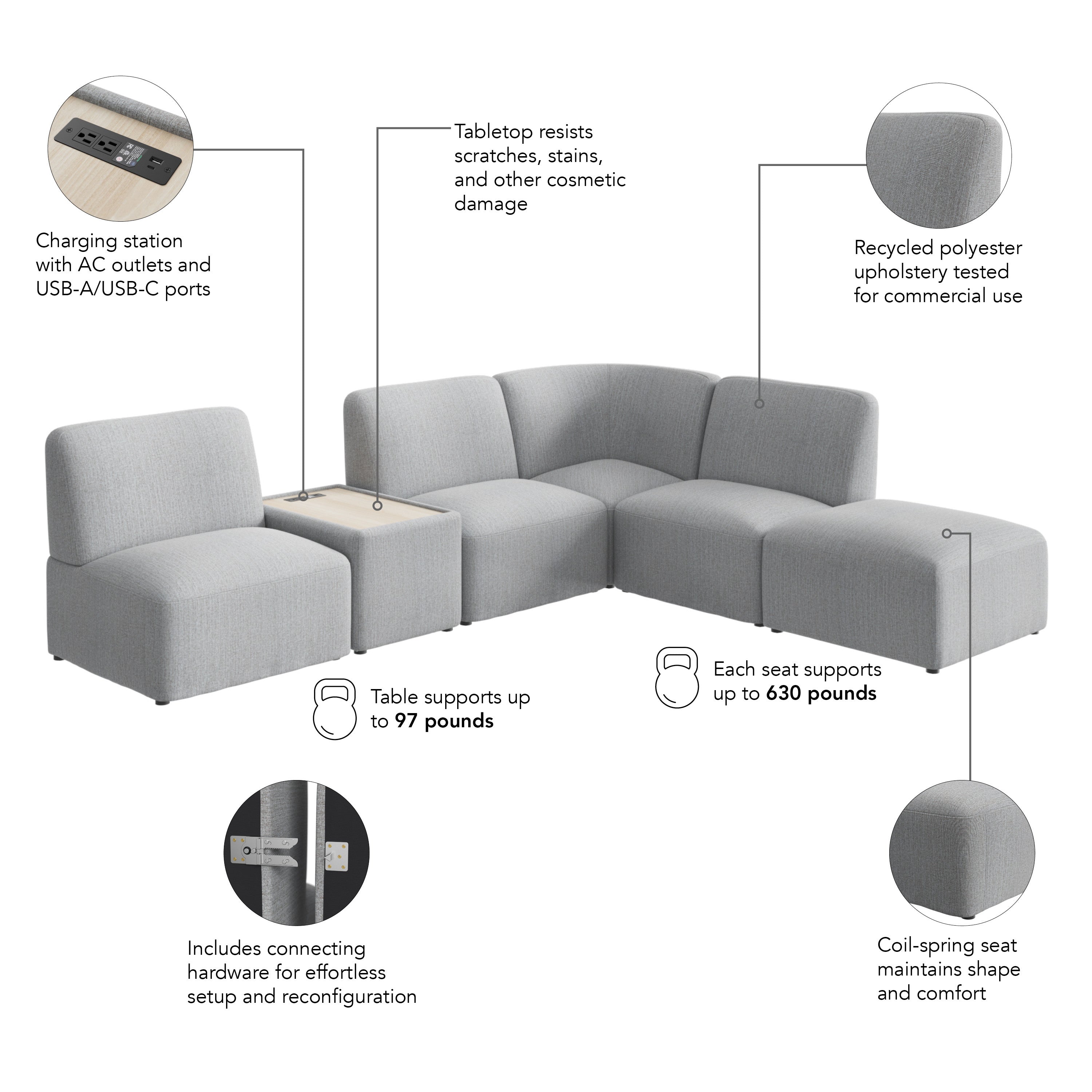 Bush Business Furniture Assemble Modular 5 Seater L Shaped Sectional with Charging Station in Fog Fabric - 100.6" Width x 89.76" Depth x 29.92" Height