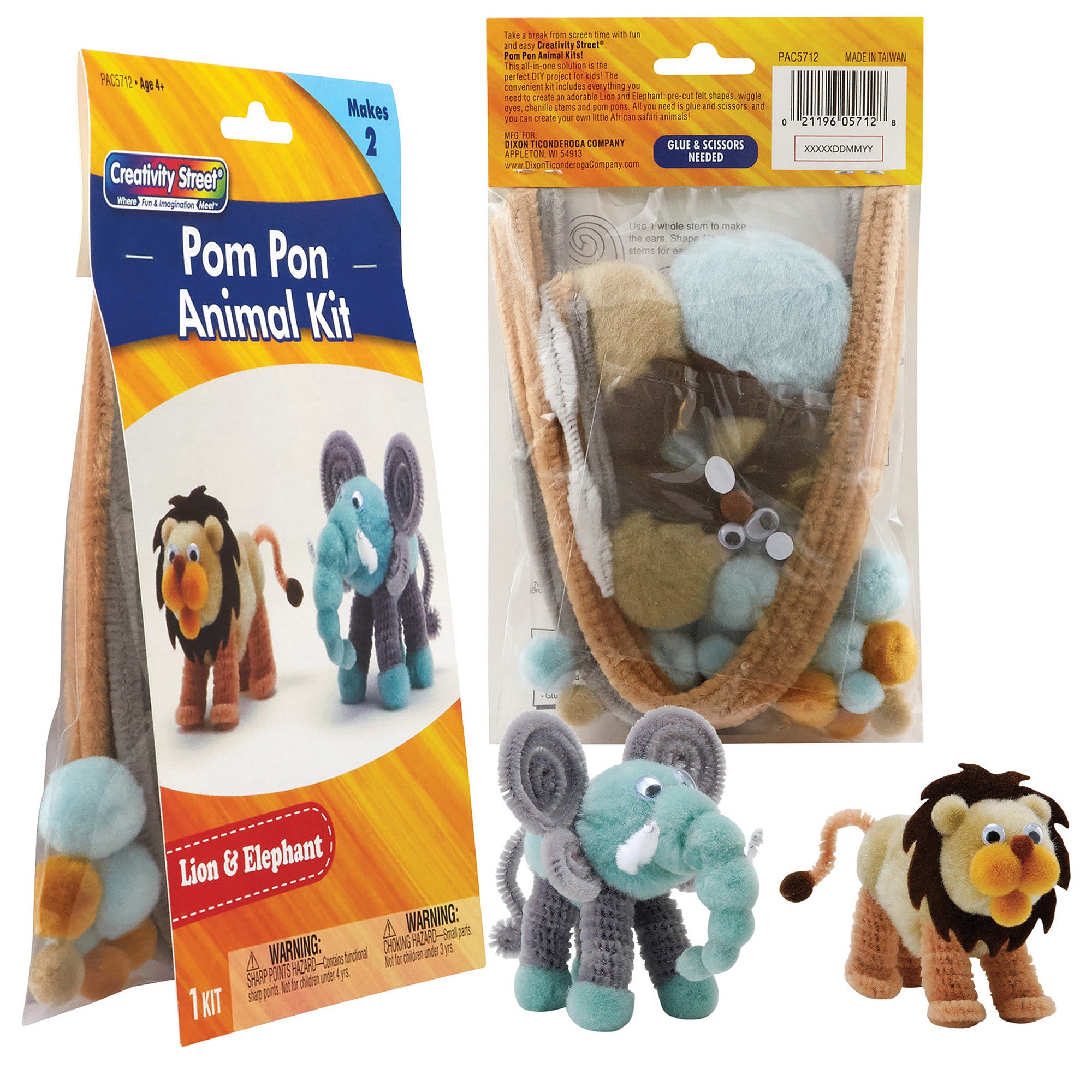 Pom Pon Animal Craft Kits, Ocean, Turtle, Flamingos, Lion & Elephant, 4 Kits
