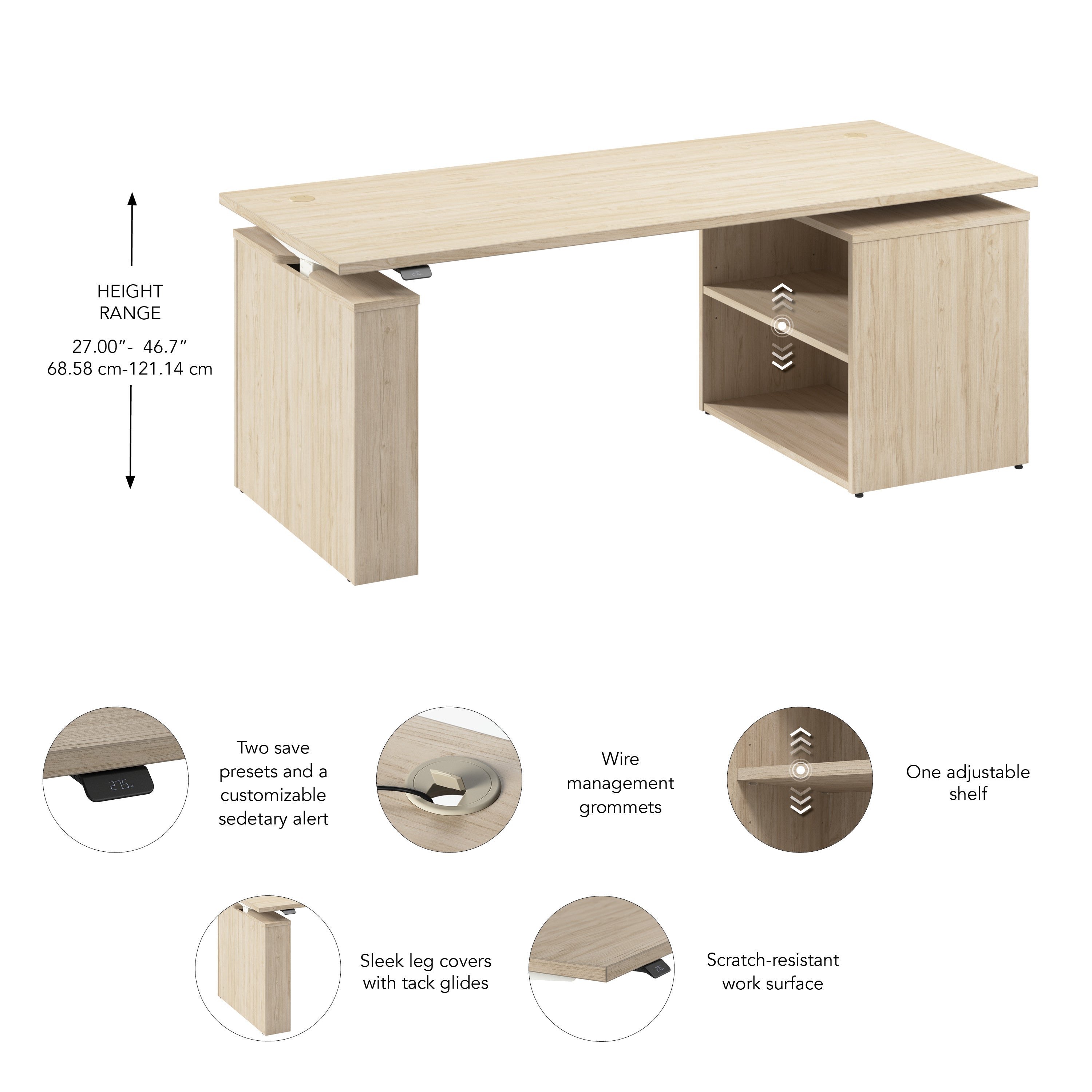 Bush Business Furniture Stratus&nbsp;72W x&nbsp;30D Electric Height Adjustable Standing Desk with Bookcase in Natural Elm with White Base - 71.02" Width x 29.37" Depth x 27.44" Height