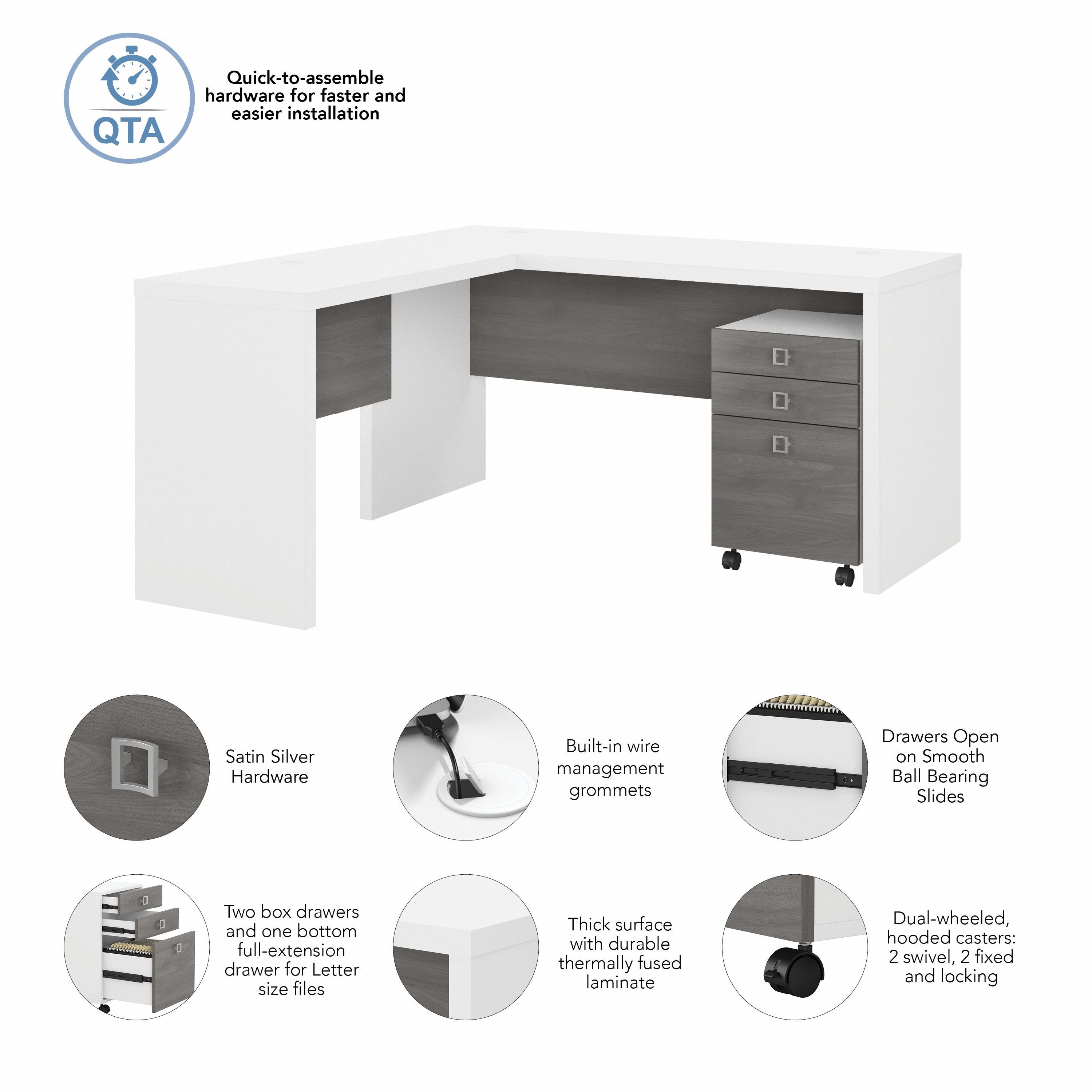 Bush Business Furniture Echo L Shaped Desk with Mobile File Cabinet in Pure White and Modern Gray - 60" Width x 59.84" Depth x 30" Height