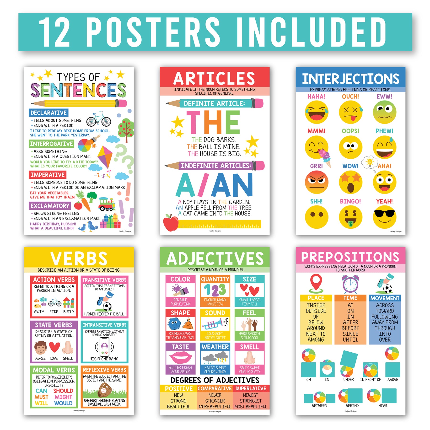 Colorful Parts of Speech Language Arts and Grammar Laminated Posters, Set of 12