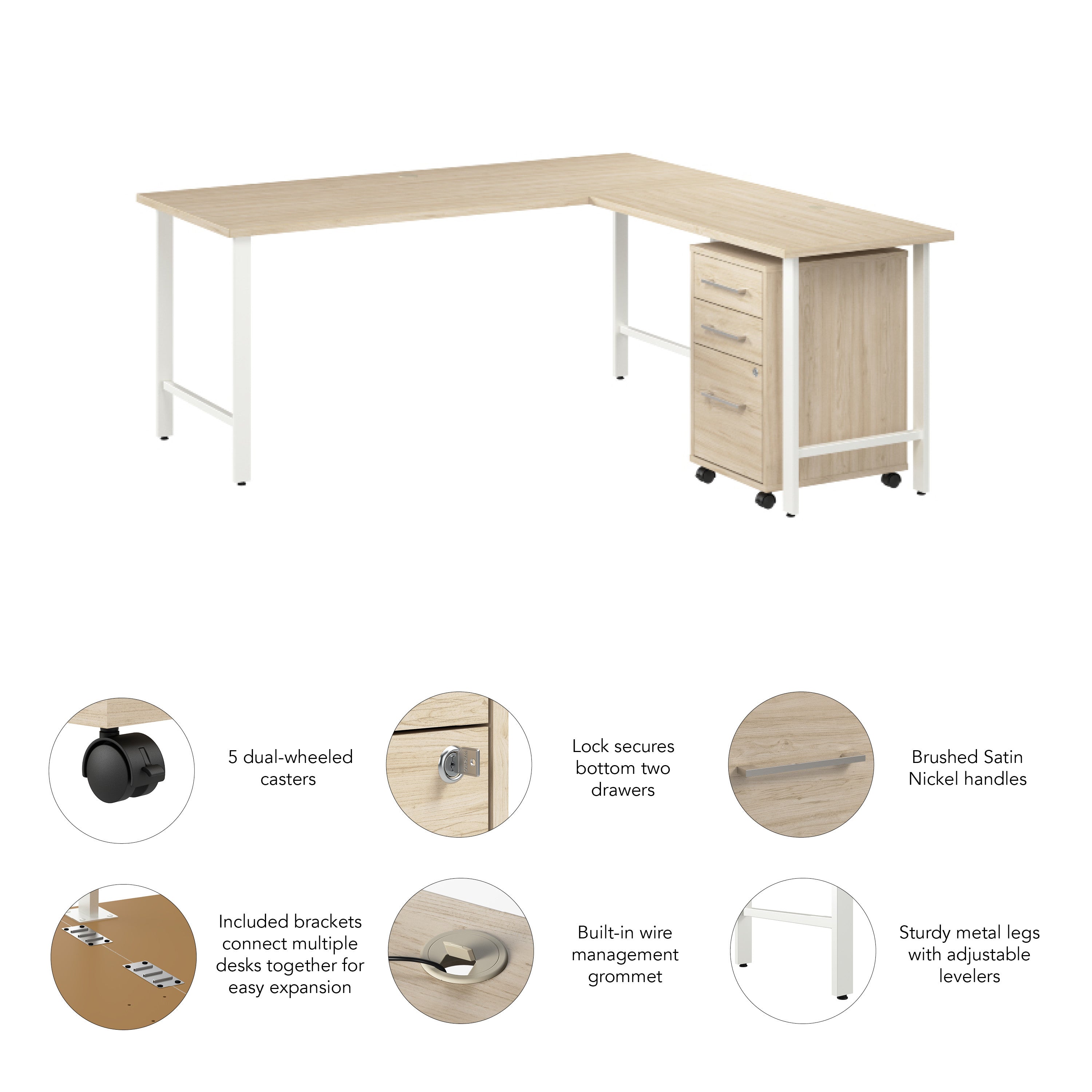 Bush Business Furniture Hustle 72W x 30D L Shaped Computer Desk with 3 Drawer Mobile File Cabinet in Natural Elm - 71.02" Width x 71.33" Depth x 30.07" Height
