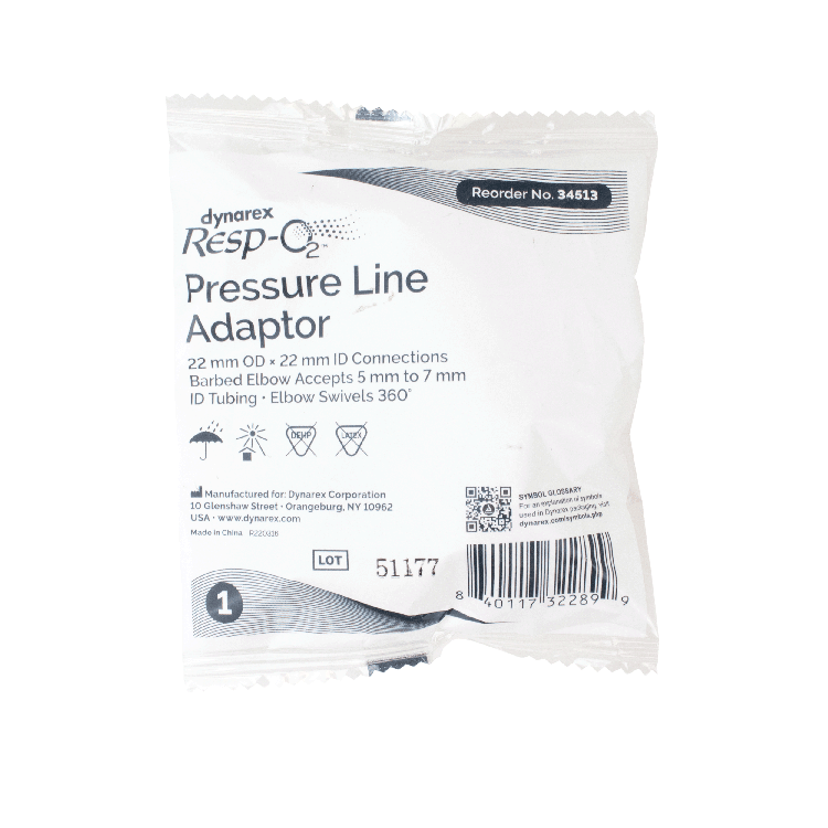 Pressure Line Adaptor, Barbed Elbow Accepts 5-7 mm ID Tubing, 22mm OD x 22mm ID50 Quantity per Case