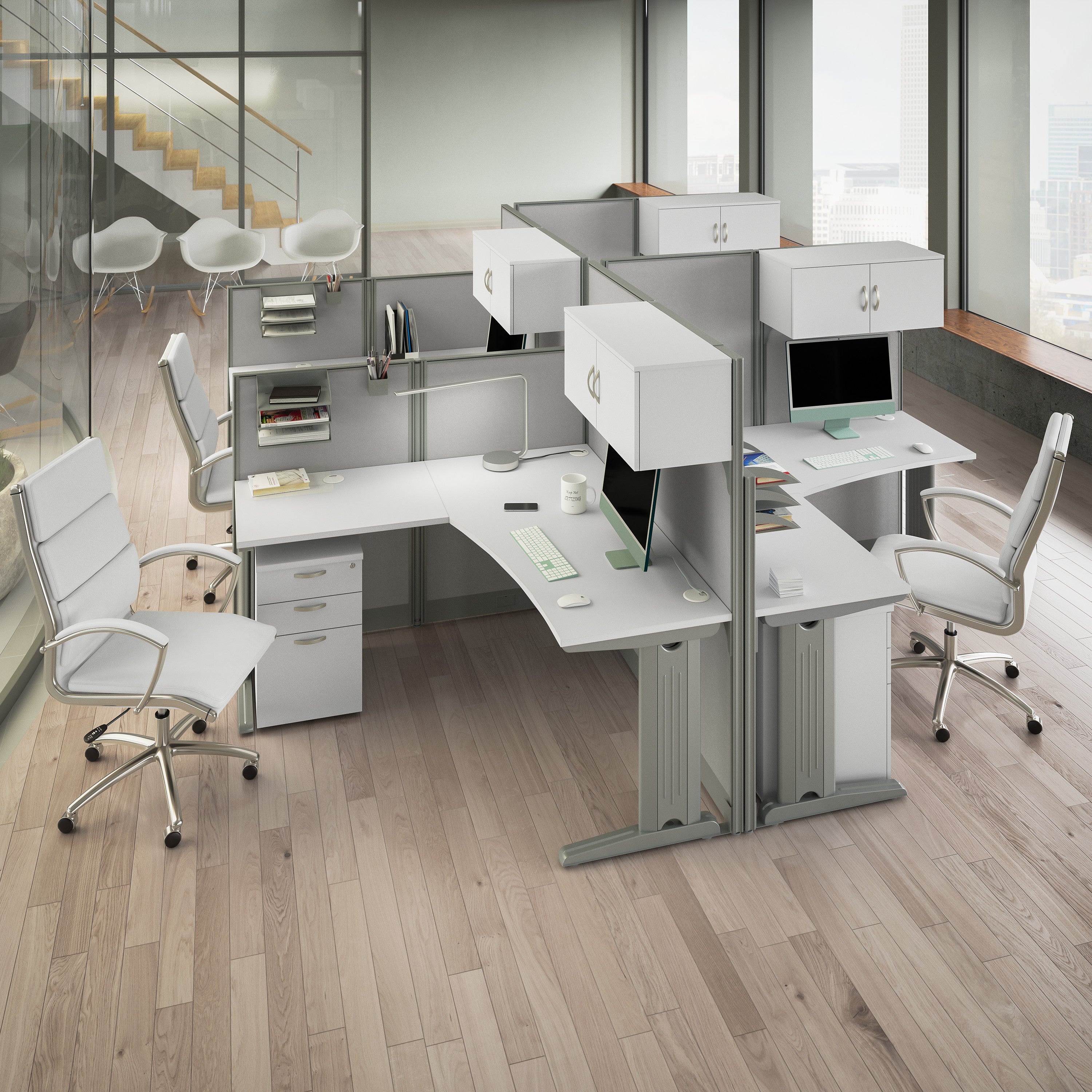 Bush Business Furniture Office in an Hour 4 Person L Shaped Cubicle Desks with Storage, Drawers, and Organizers in Pure White - 128.97" Width x 128.97" Depth x 62.86" Height