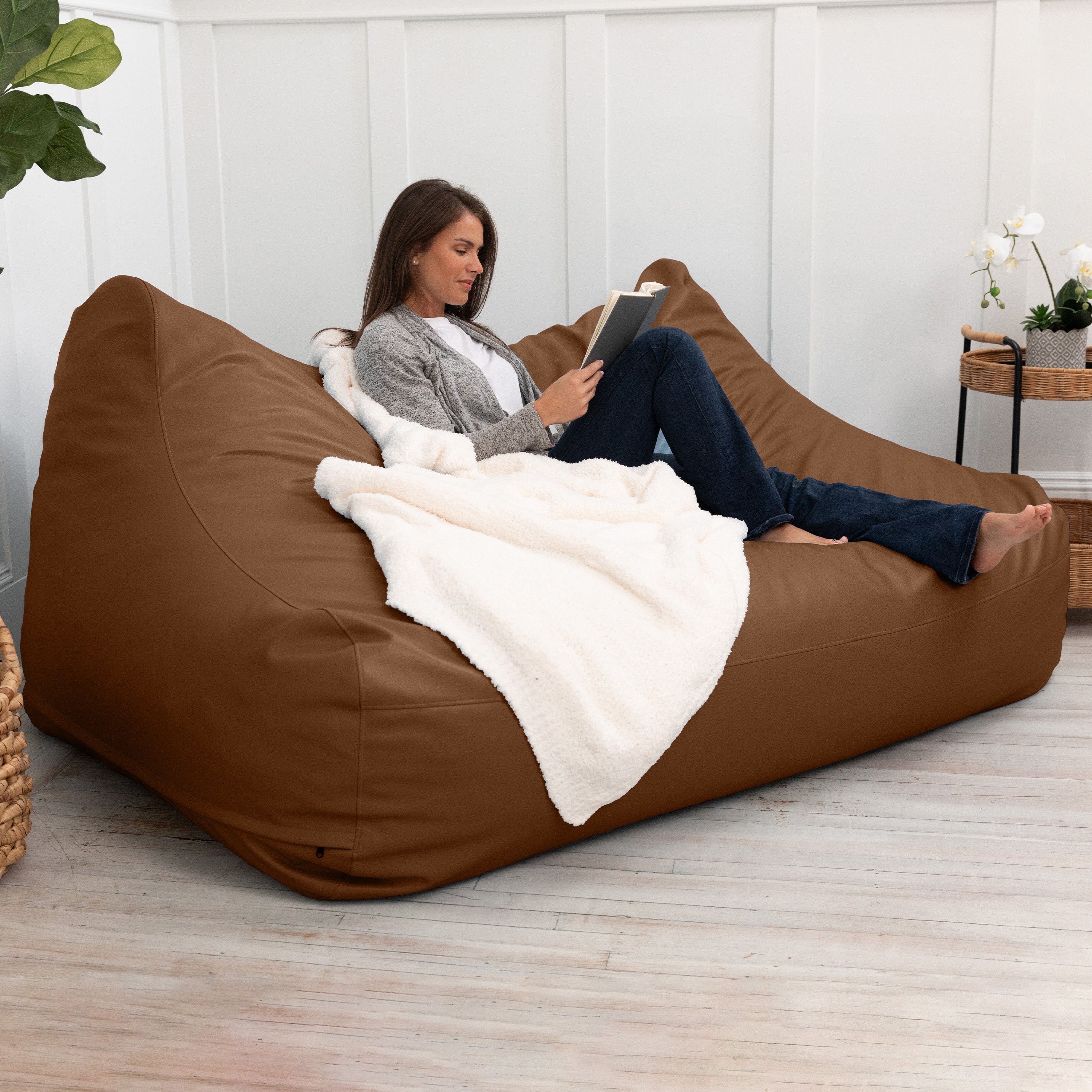 Atrium Collection Lozia Loveseat - Large Foam Bean Bag Sofa for Home Theaters, Offices, Schools, Reception & Waiting Rooms - Faux-Leather - Walnut