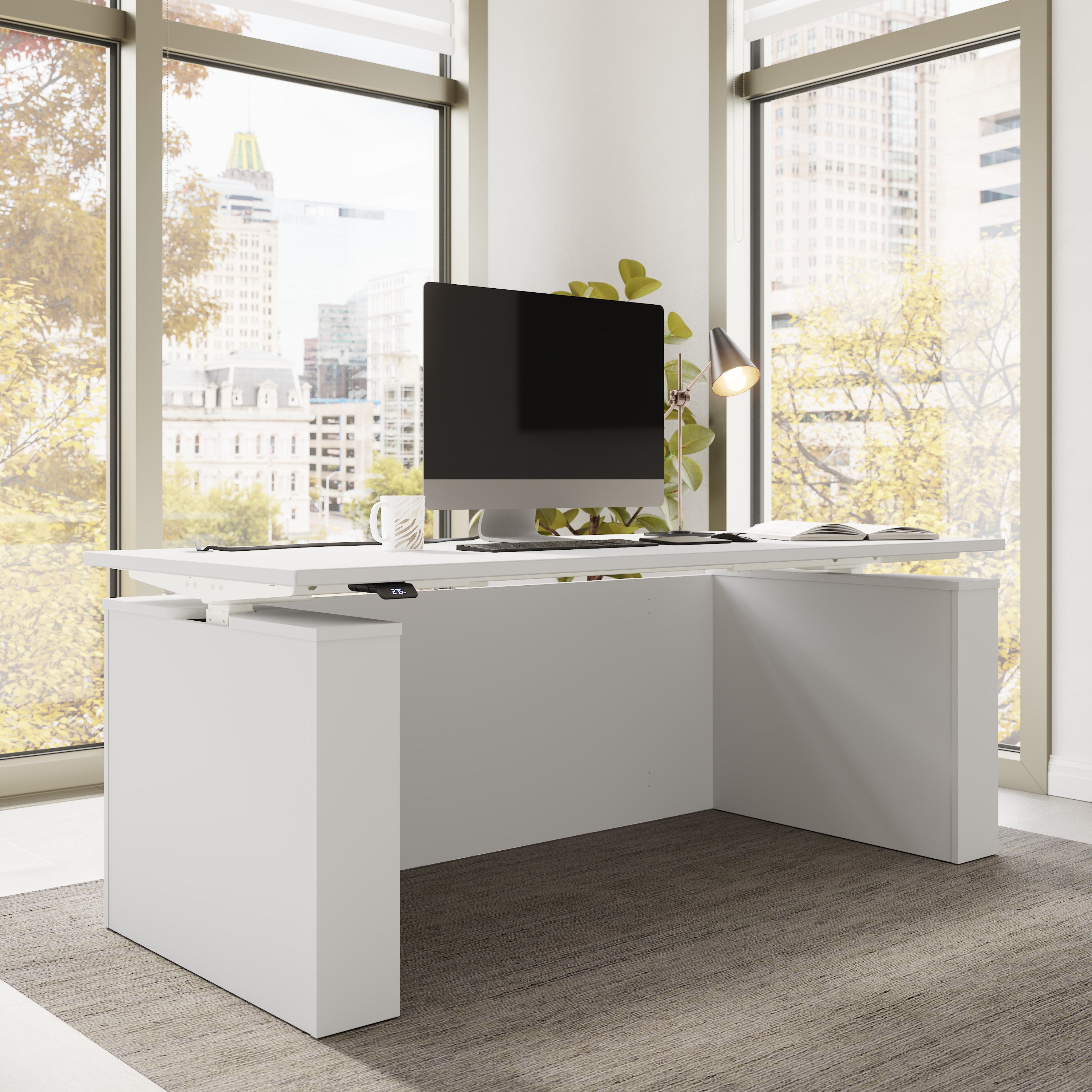 Bush Business Furniture Stratus&nbsp;72W x&nbsp;30D Electric Height Adjustable Standing Desk with Modesty Panel in White with White Base - 71.02" Width x 29.37" Depth x 27.44" Height