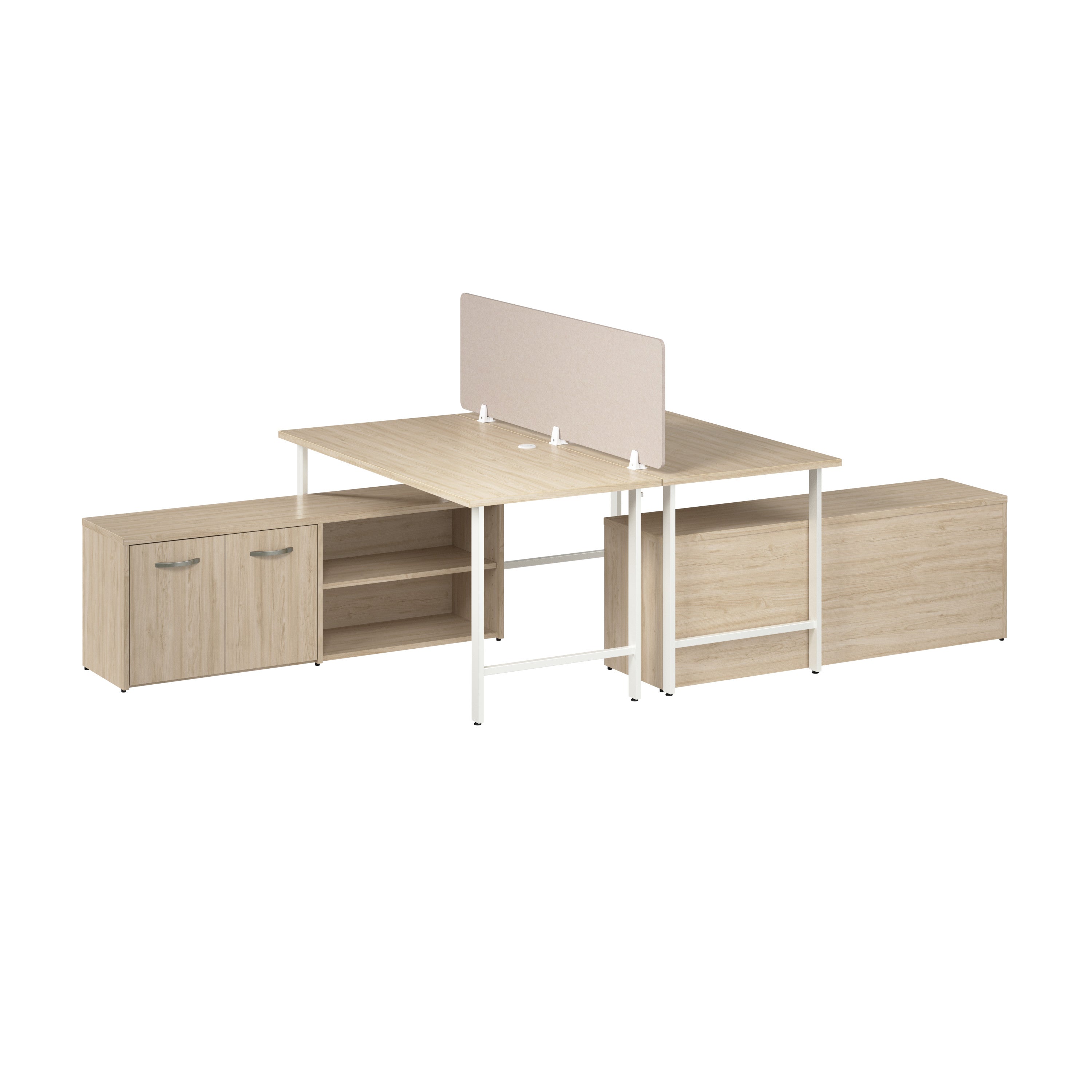 Bush Business Furniture Hustle 2 Person Computer Desk with Low Storage Cabinets, Power Grommets, and Privacy Screen in Natural Elm - 59.44" Width x 29.37" Depth x 30.07" Height