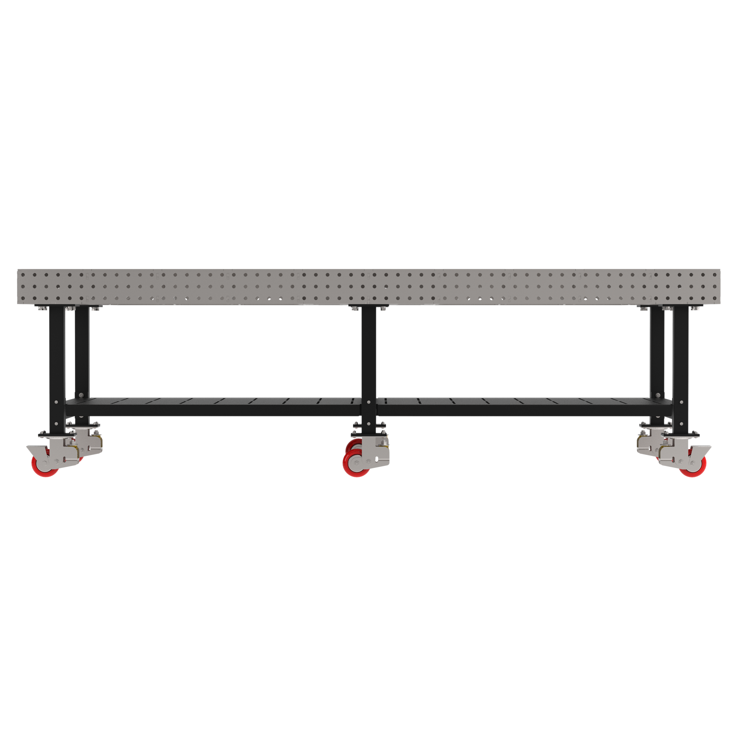 Welding Fixture Table, Fixed Height, 36"H x 120"L x 48"D, 1/4" Carbon Steel Top, Six Black Powdercoat Legs, Shelf, 6 Heavy Duty Suspension Casters (4 Locking/Swiveling Casters and 2 Non-Locking/Non-SwivelingCasters)