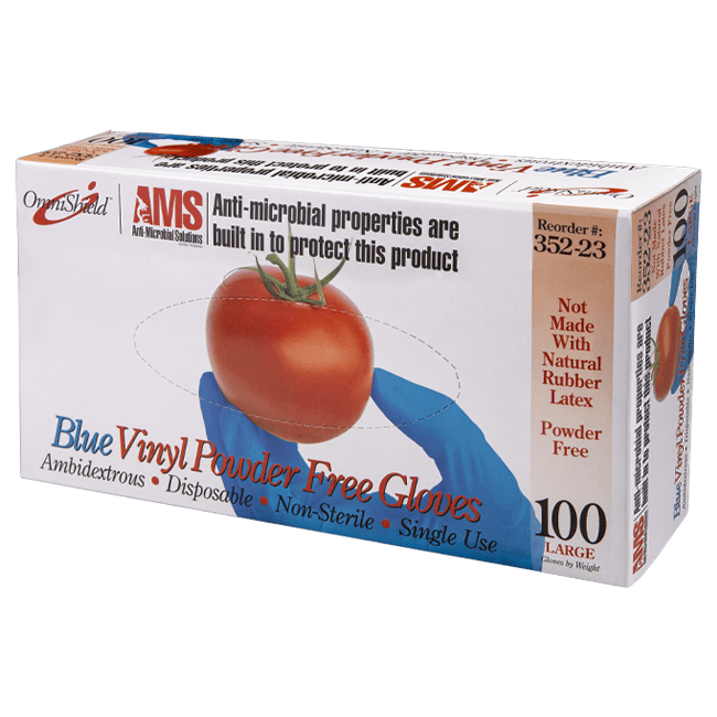 OmniShield Vinyl Powder Free Blue Food Service Gloves with AMS Technology (Large), 100 Pcs/Box, 10 Box/Cs