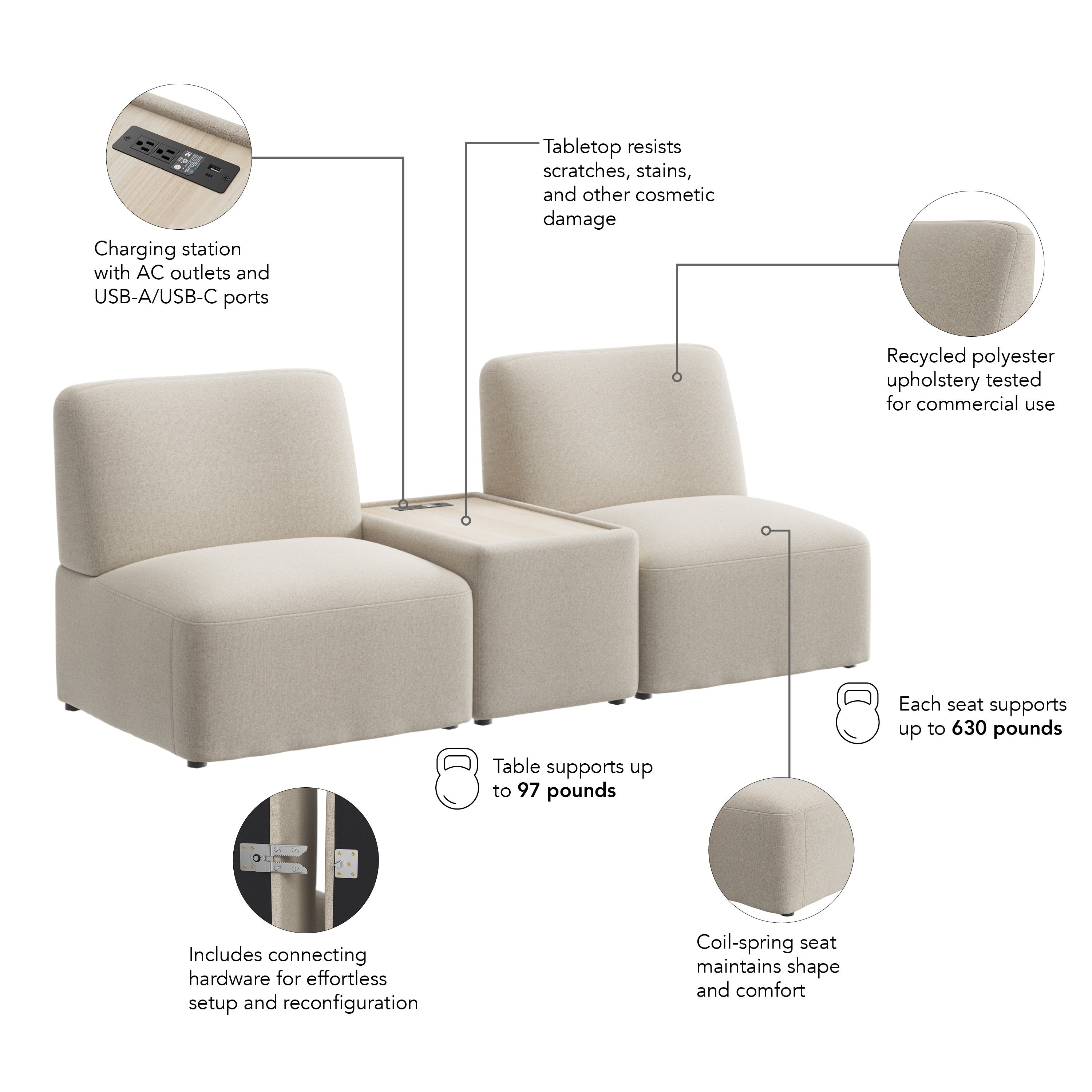 Bush Business Furniture Assemble Modular 2 Seater Sectional with Charging Station in Oat Fabric - 79.92" Width x 30.51" Depth x 29.92" Height