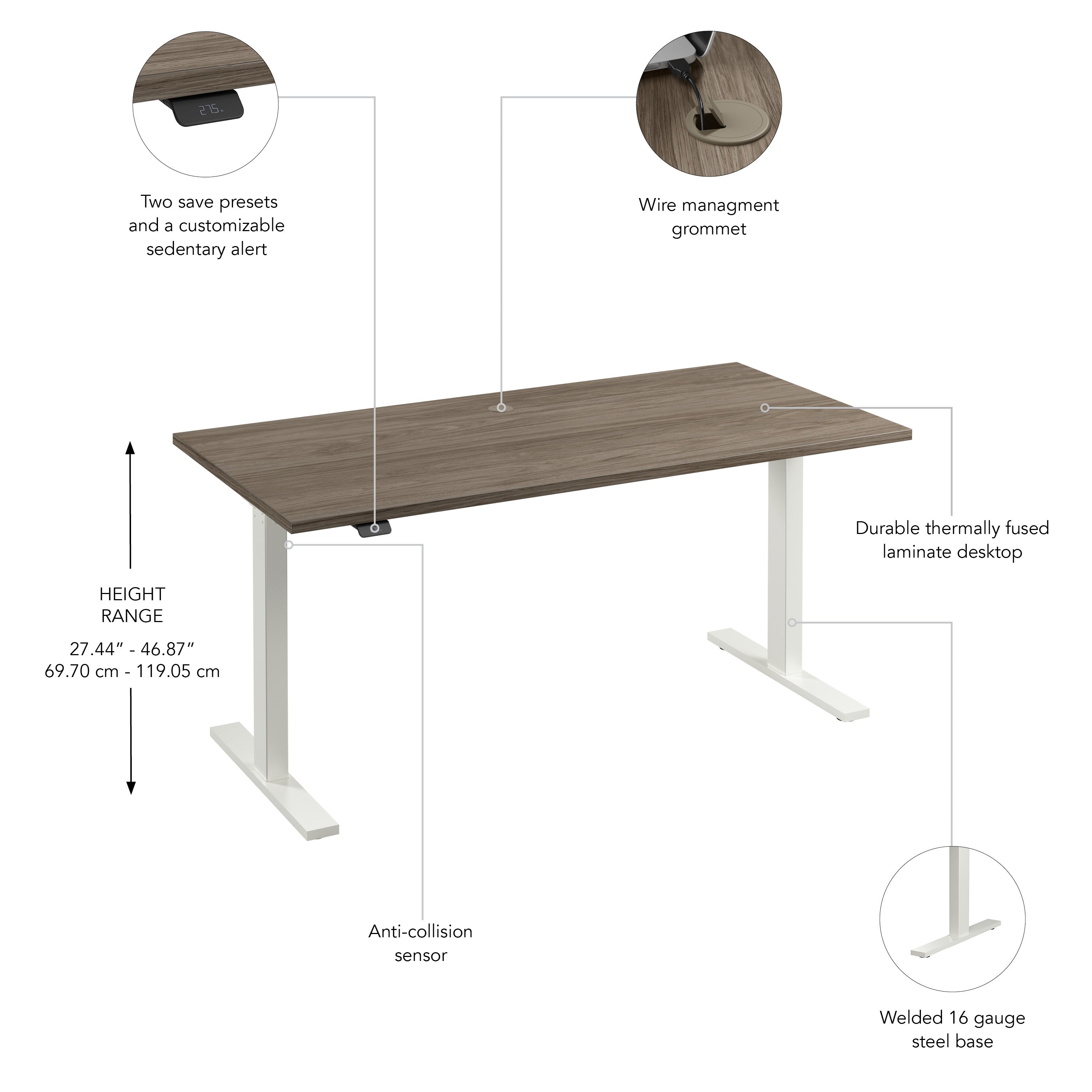 Bush Business Furniture Move 60 Series 60W x 30D Electric Height Adjustable Standing Desk in Modern Hickory with White Base - 59.45" Width x 29.37" Depth x 27.44" Height