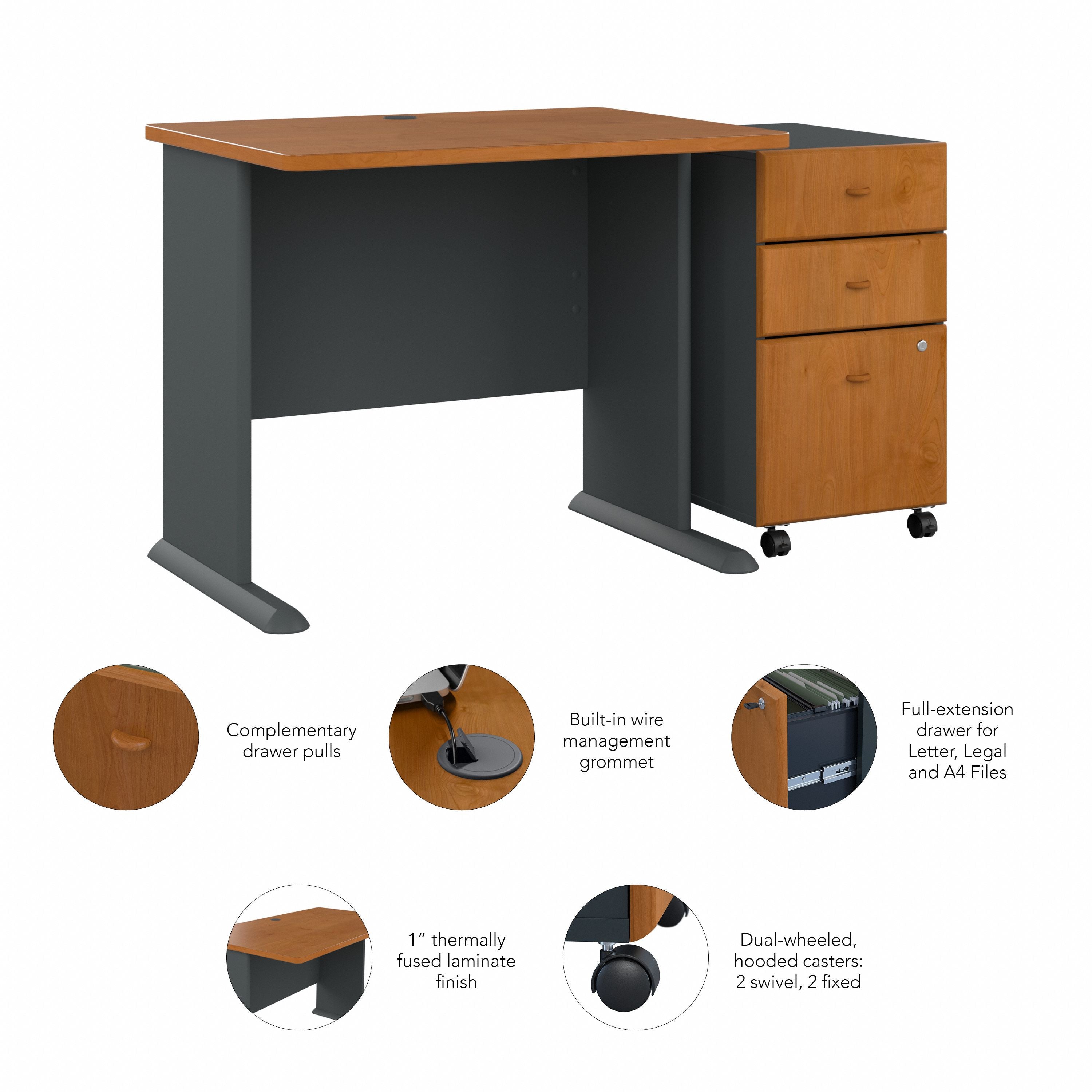 Bush Business Furniture Series A 36W Desk with Mobile File Cabinet in Natural Cherry and Slate - 51.3" Width x 26.81" Depth x 29.66" Height