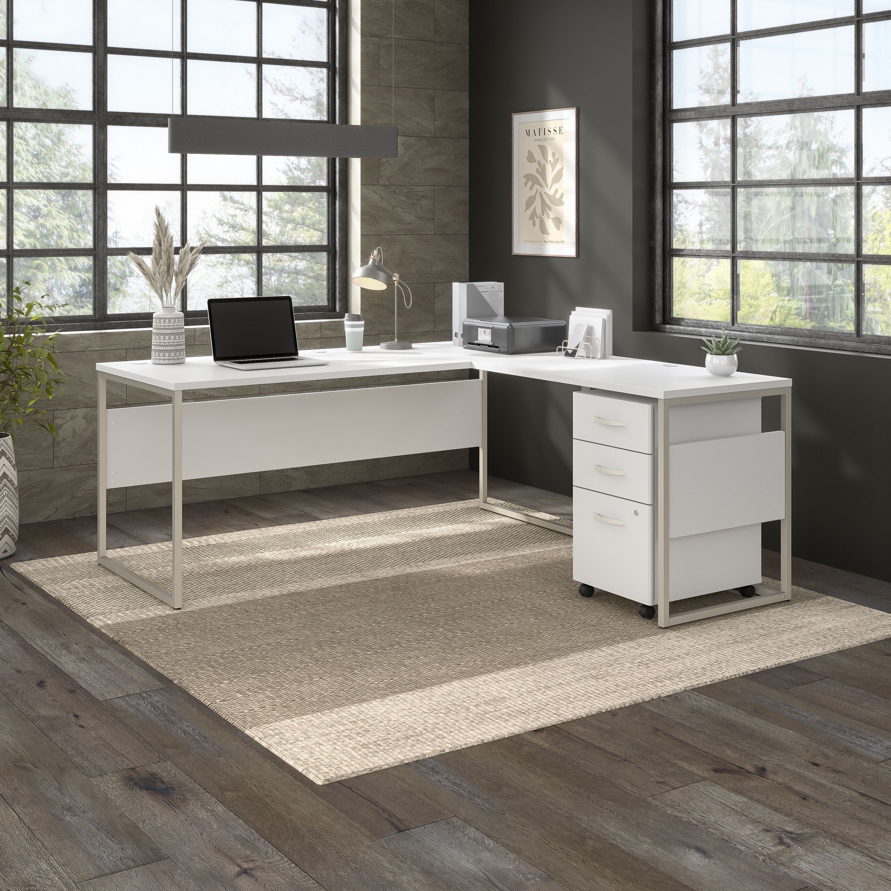 Bush Business Furniture Hybrid 72W x 30D L Shaped Table Desk with Mobile File Cabinet in White - 71.02" Width x 71.34" Depth x 29.91" Height