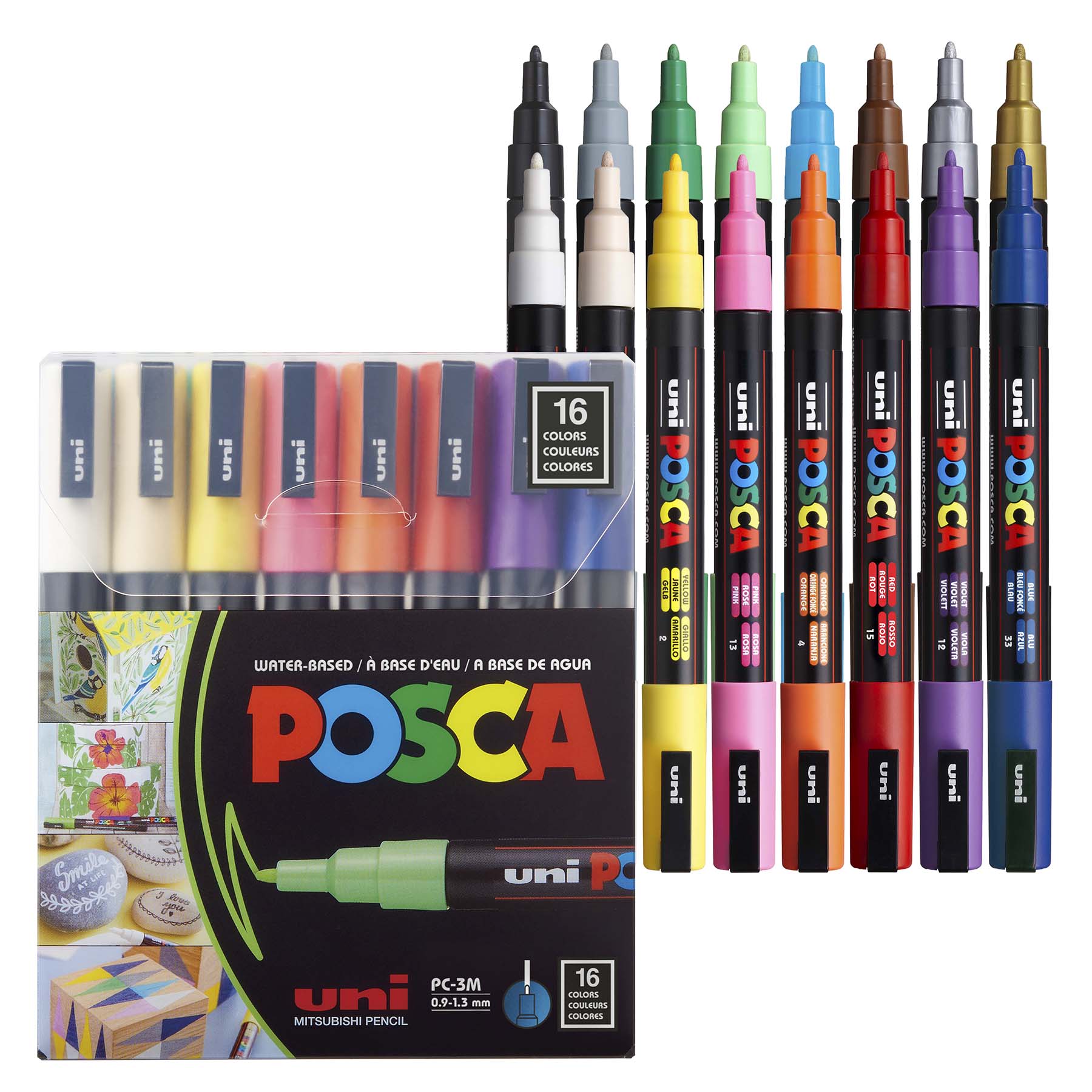 uni® POSCA PC-3M Water-Based Paint Markers, Reversible Fine Tip (0.9-1.3mm), Assorted Colors, 16 Pack